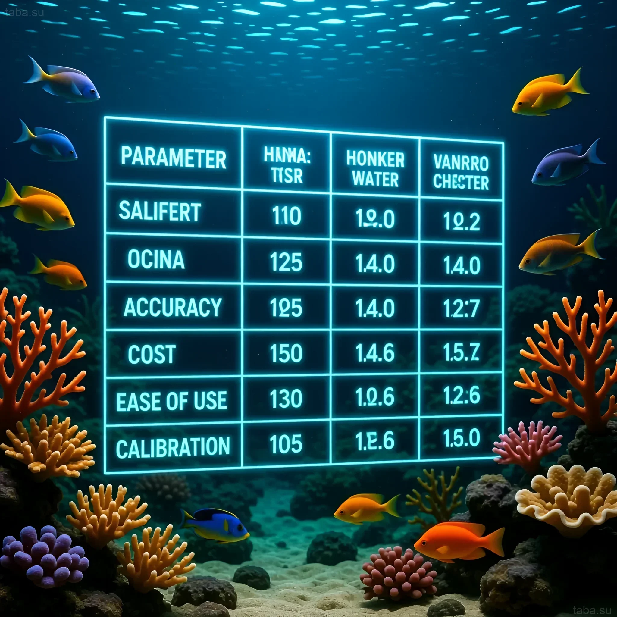 Illustration of a comparative table of Salifert, Hanna Checker, and Honker Water tests for a marine aquarium with vibrant corals and fish.
