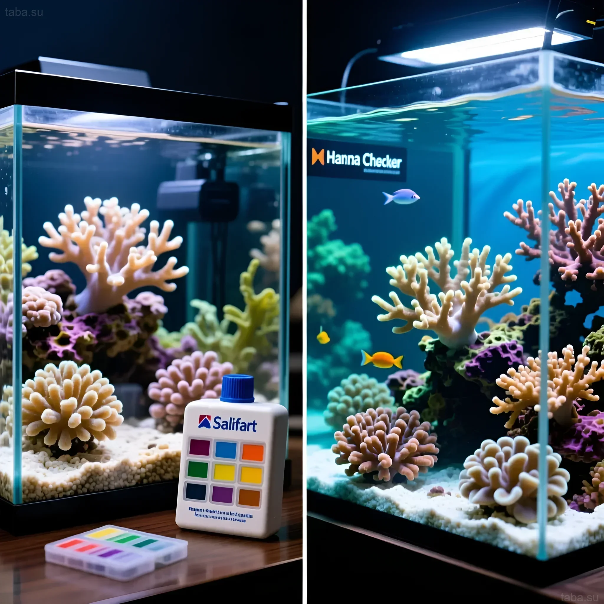 A vibrant marine aquarium with corals, demonstrating Salifert and Hanna Checker tests for maintaining ideal water balance.