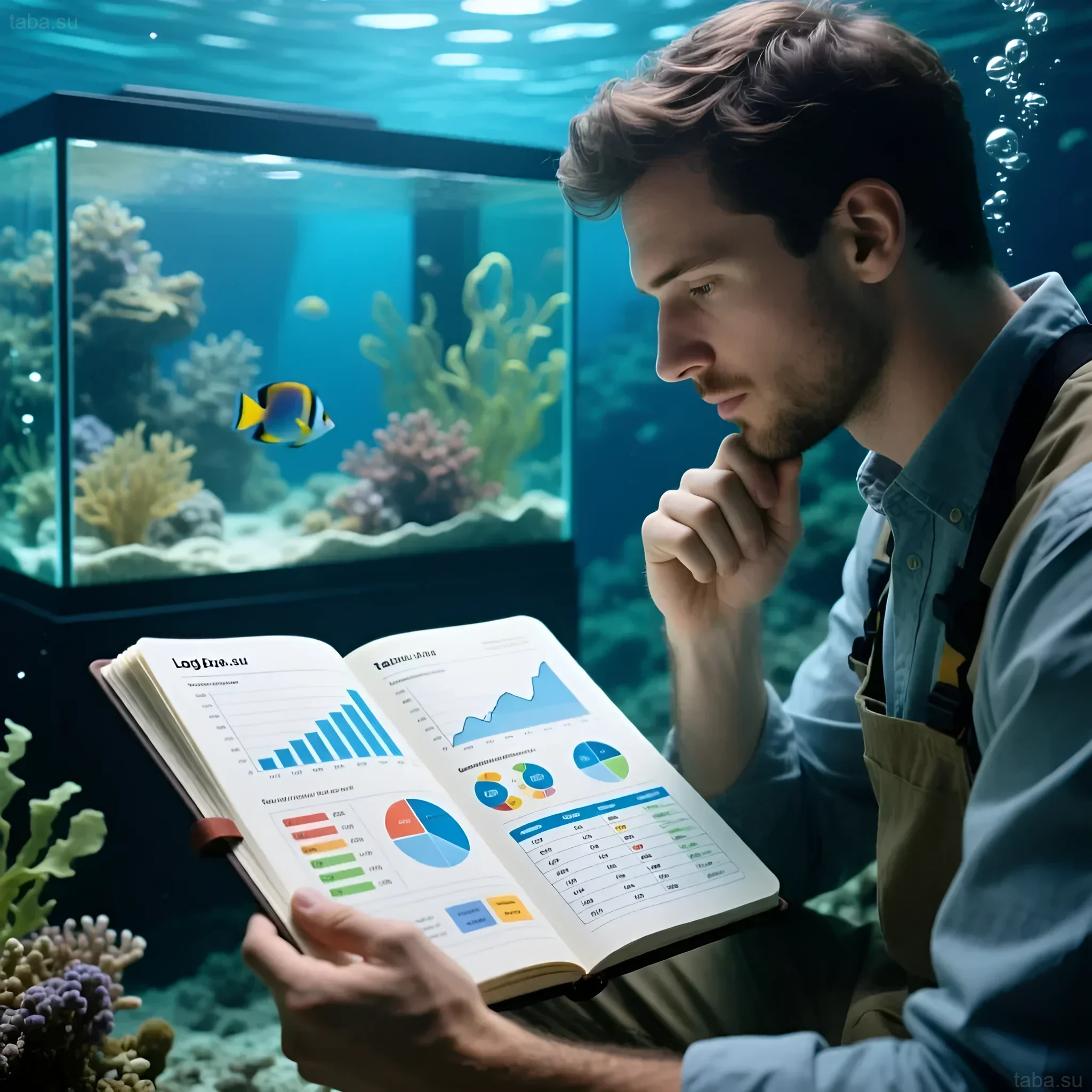 Photograph of a person studying water test results in a marine aquarium with corals and fish. Water quality control for ecosystem health.