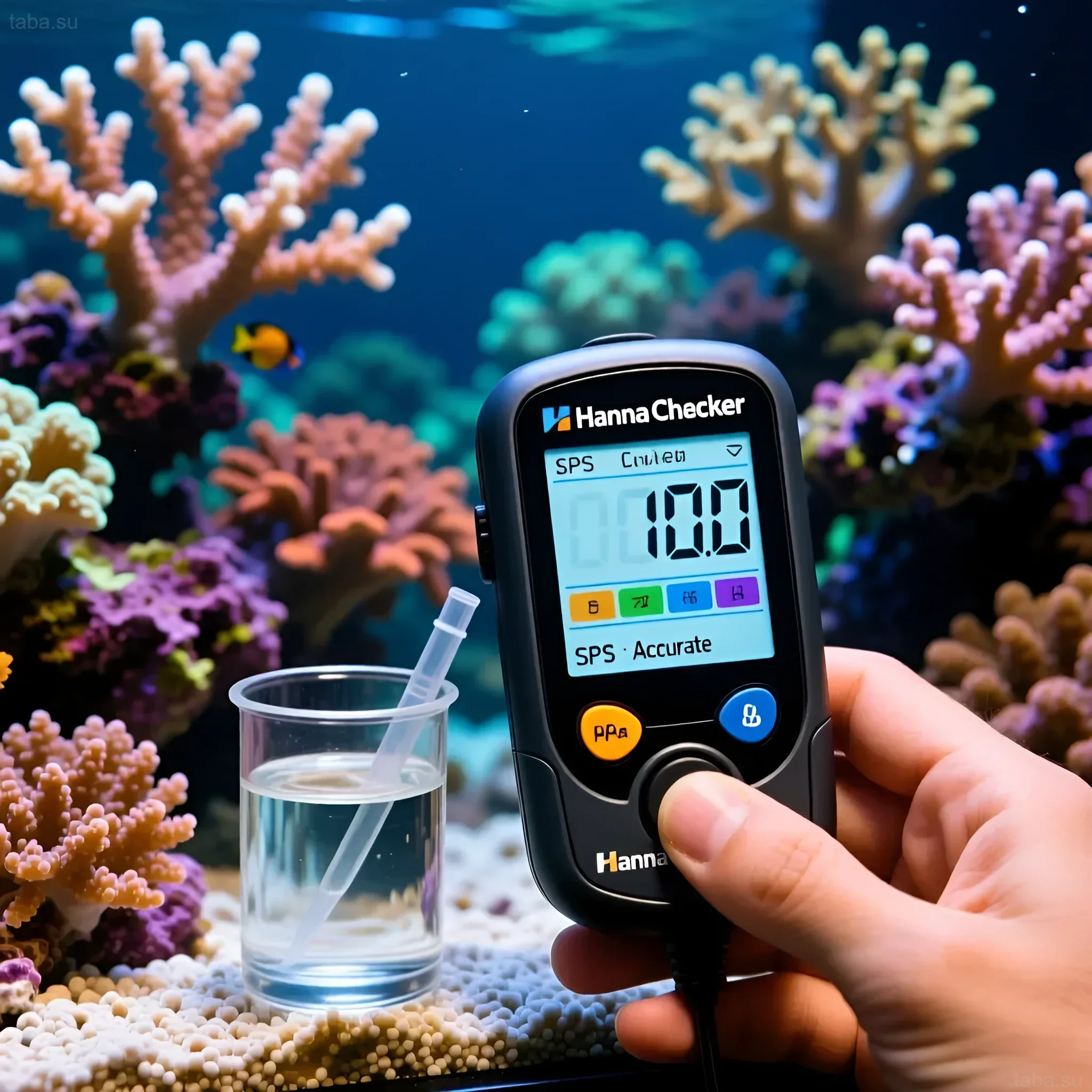 Image demonstrating the use of a Hanna Checker digital tester for analyzing water in a marine aquarium with corals and fish.