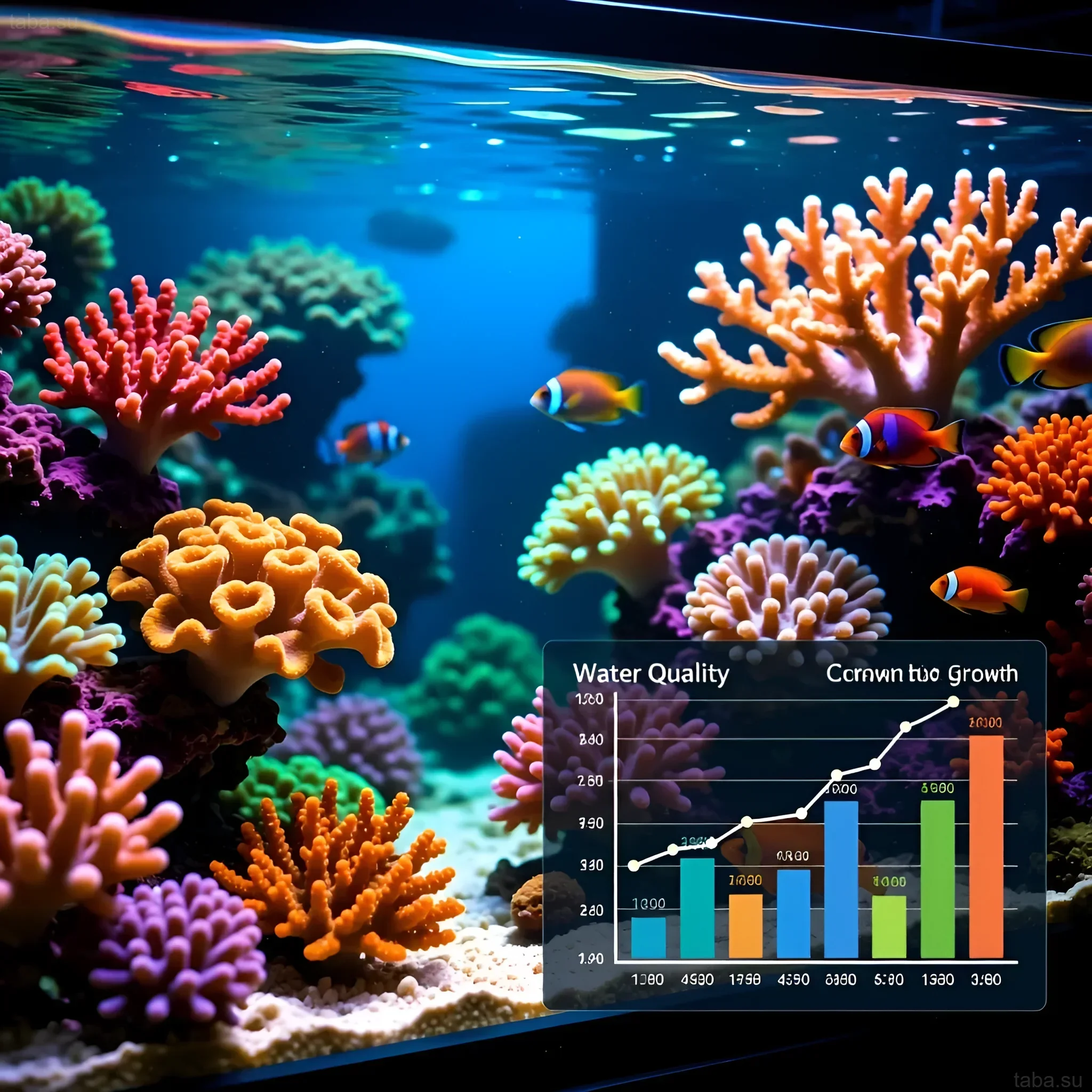 Photograph of a mature marine aquarium with coral reefs and fish, demonstrating the importance of water quality control for healthy growth.