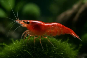 Фотография яркой креветки Вишня (Neocaridina davidi) на фоне зеленого мха. Идеально для статьи о содержании и окраске креветок.