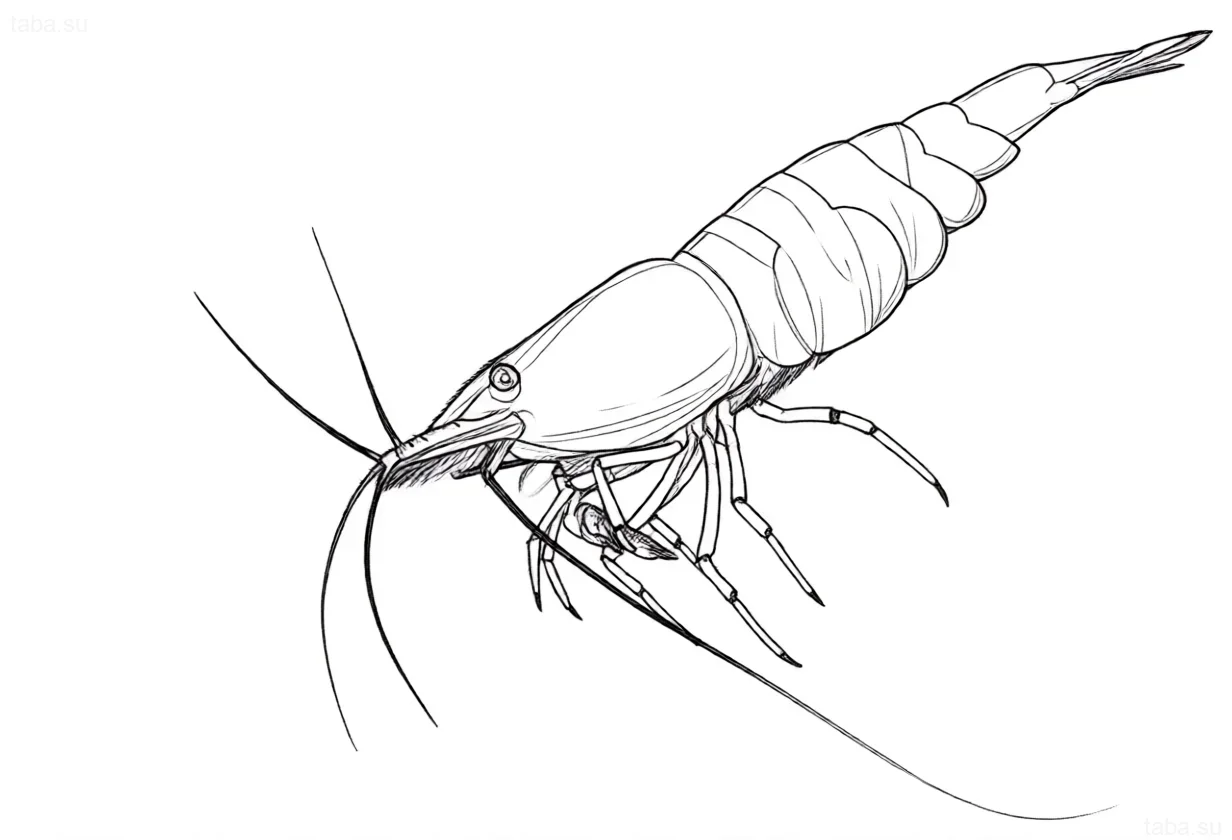 رسم خطي لروبيان الكرز الأحمر، رسم مثالي للوشم، يظهر التشريح والرشاقة.
