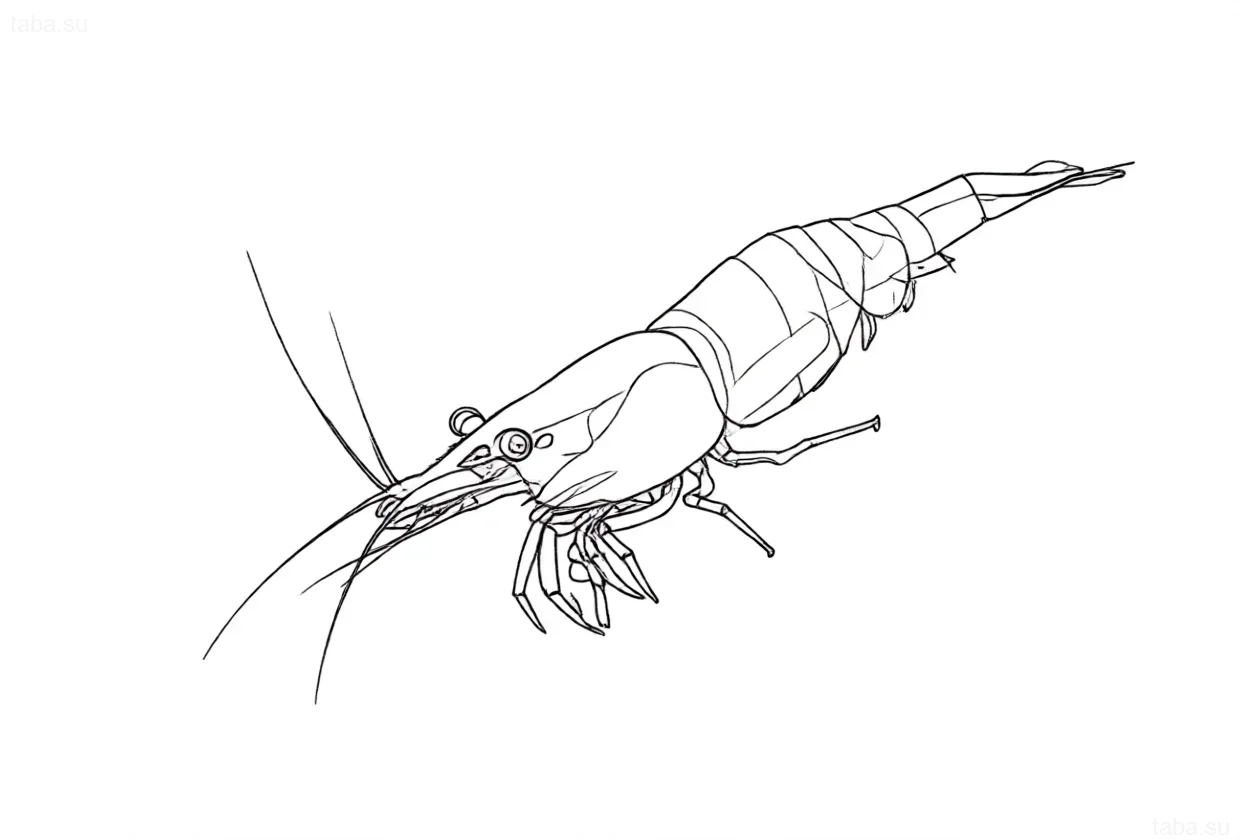 رسم خطي واضح لروبيان الكرز الأحمر (Neocaridina davidi) للإلهام في أحواض السمك ورسومات الوشم.