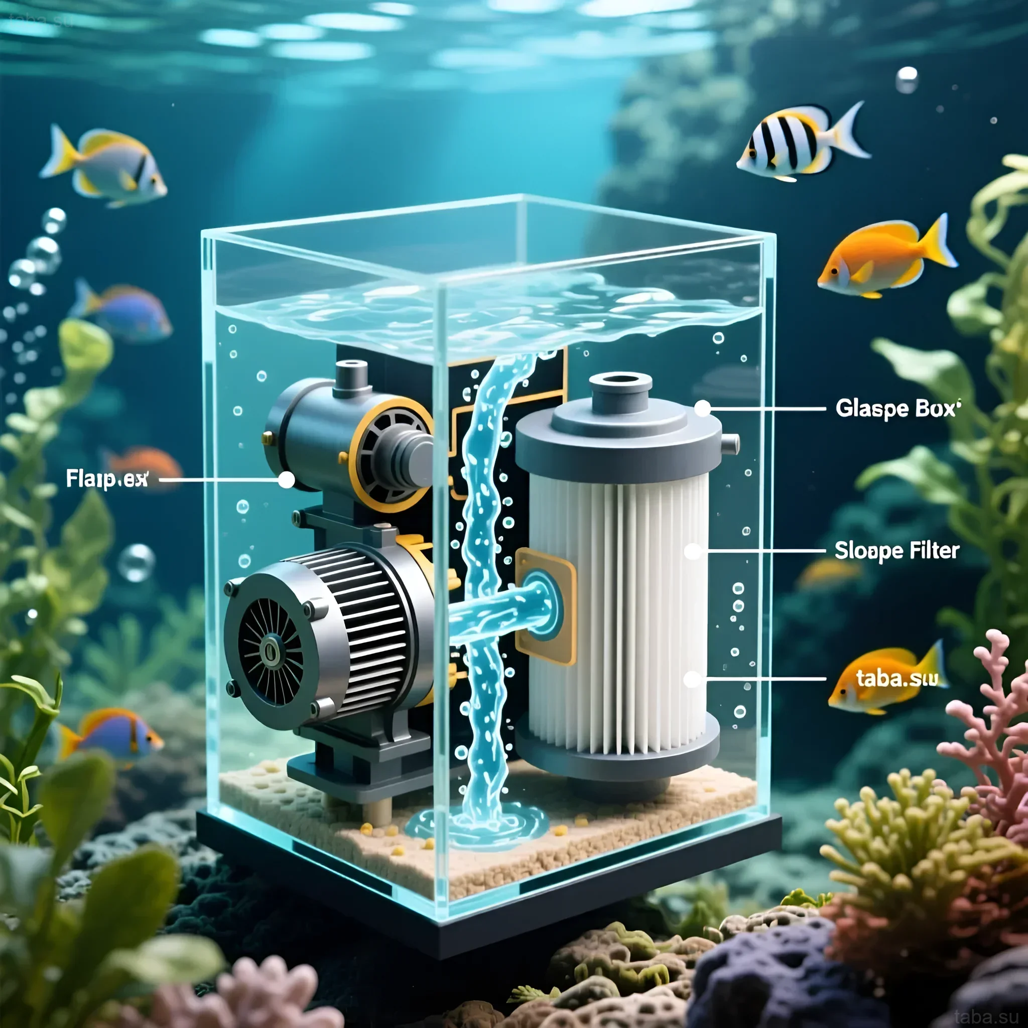 Illustration of an internal 'canister' type filter in cross-section, demonstrating its operating principle and main components for aquarium water purification.