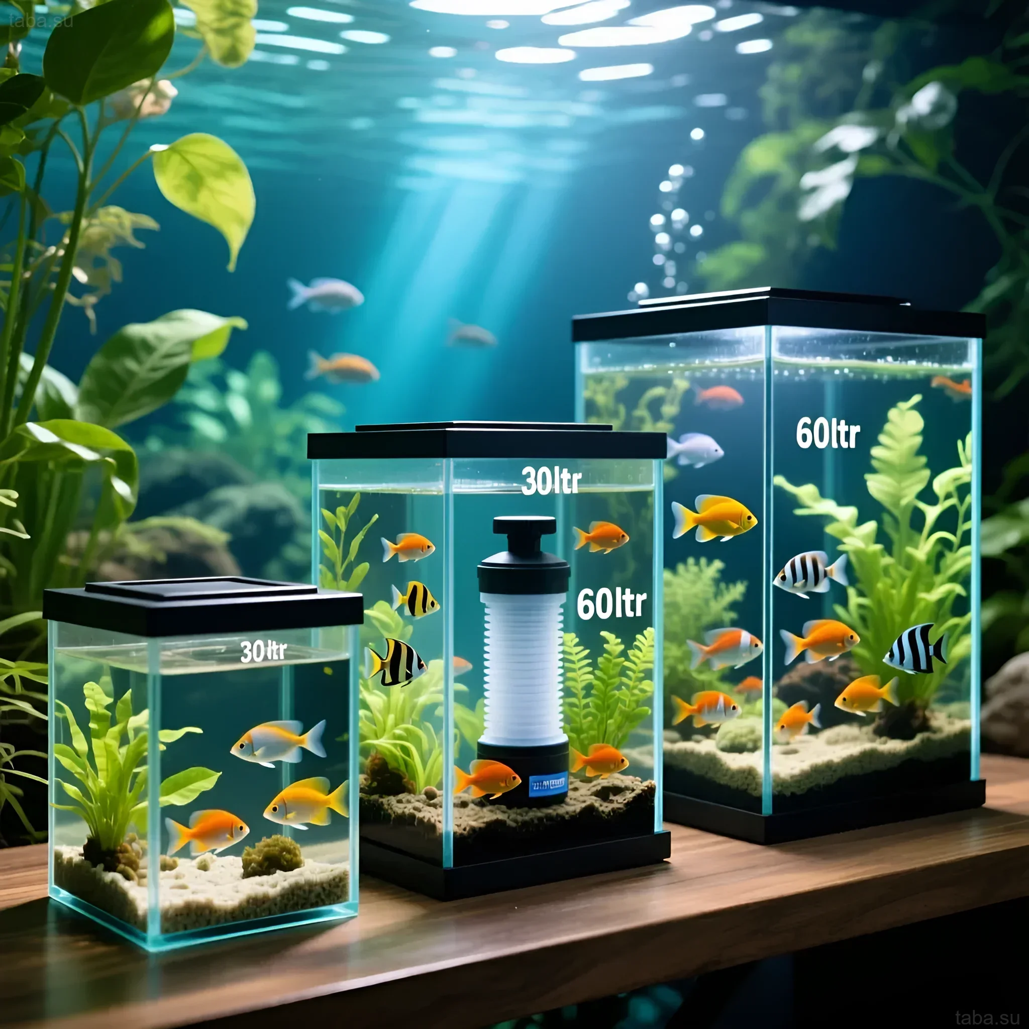 Image of three aquariums with goldfish and internal 'Canister' filters of 30 and 60 liters. Filter selection by volume.