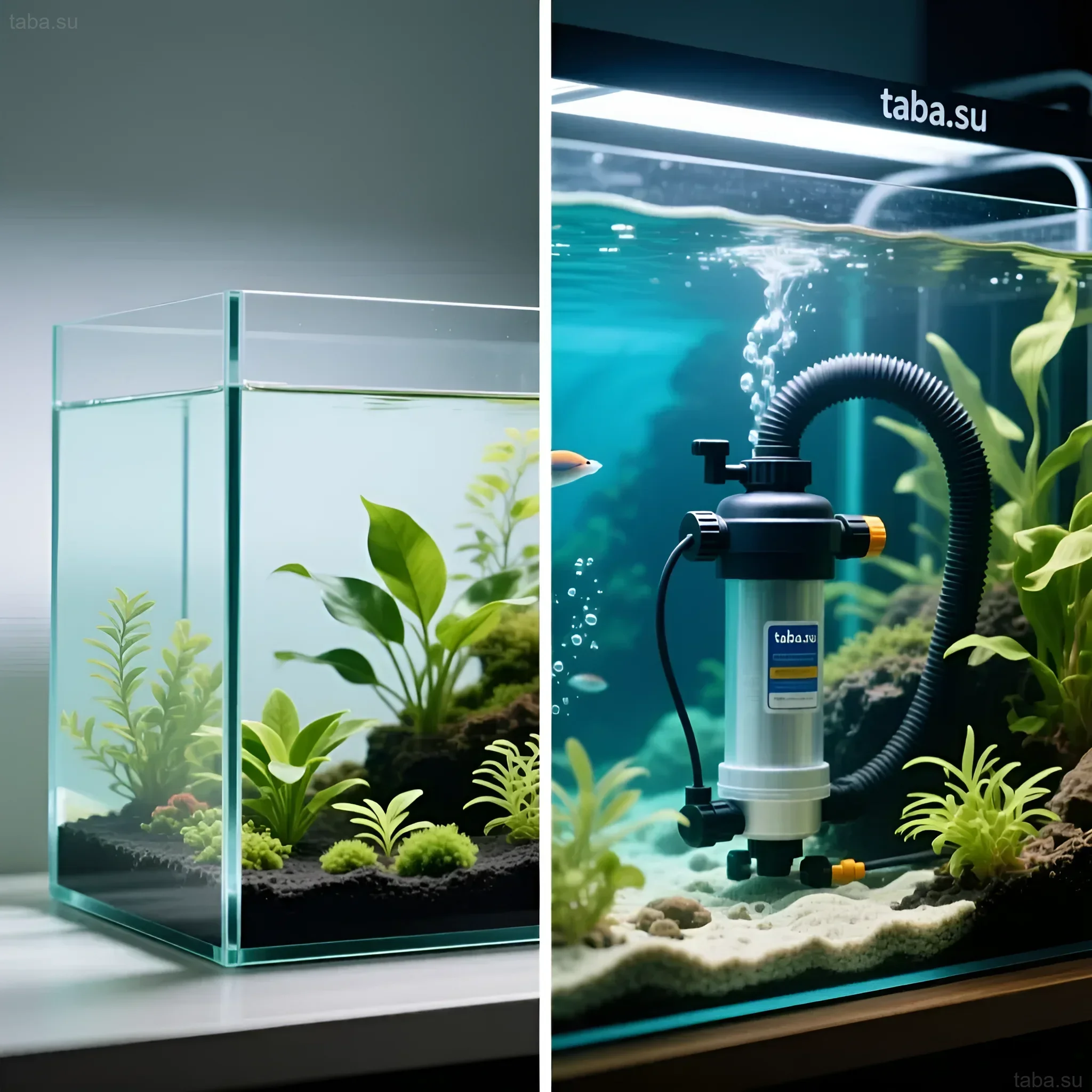 Image of an aquarium with an internal 'Canister' type filter, demonstrating its installation and effectiveness in a small water volume. Suitable for shrimp and small fish.