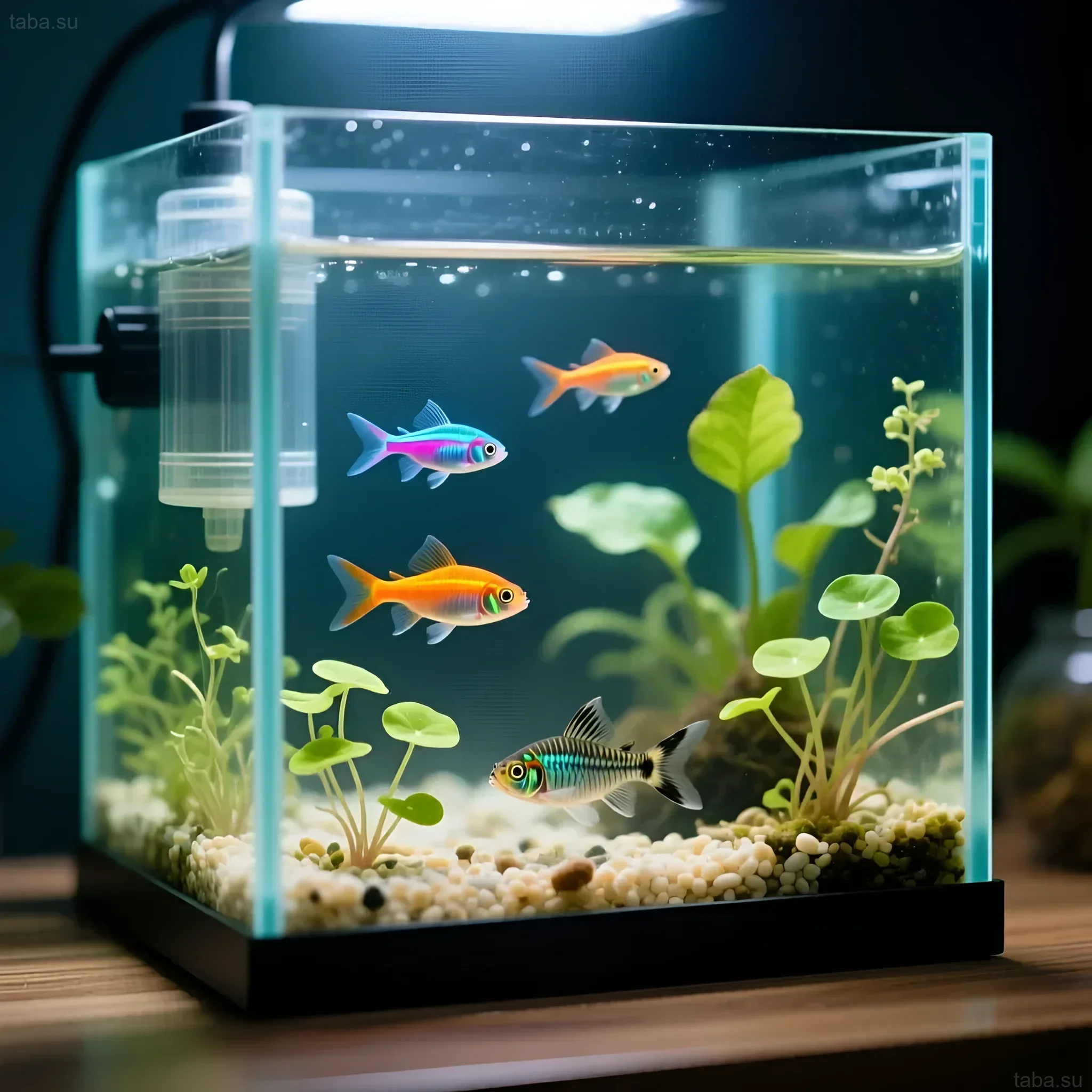 Изображение небольшого аквариума с яркими рыбами, растениями и фильтром-стаканом, демонстрирующее оптимальное решение для малых объемов.
