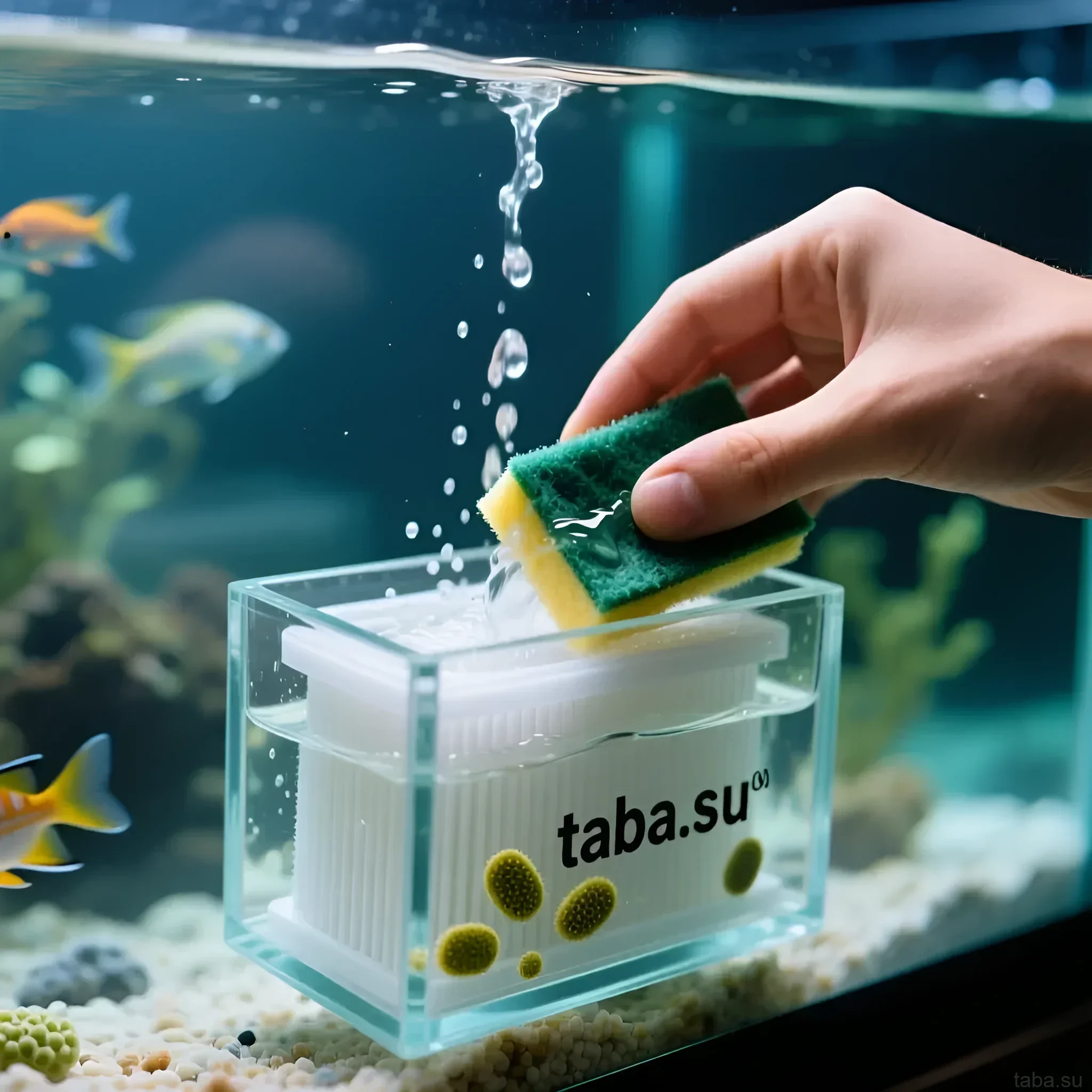 Image demonstrates the process of cleaning an internal 'Canister' type filter in an aquarium with tropical fish. Maintaining filter cleanliness is important for fish health.