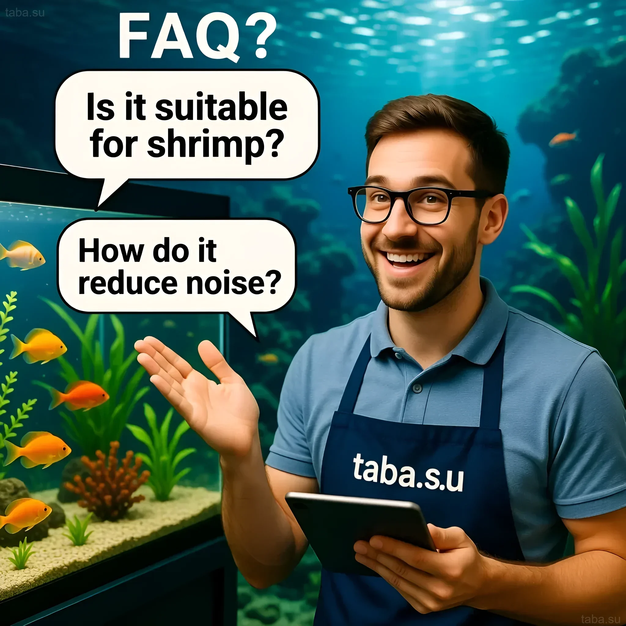Image of an aquarium with goldfish and a smiling aquarist discussing filtration and suitability for shrimp.