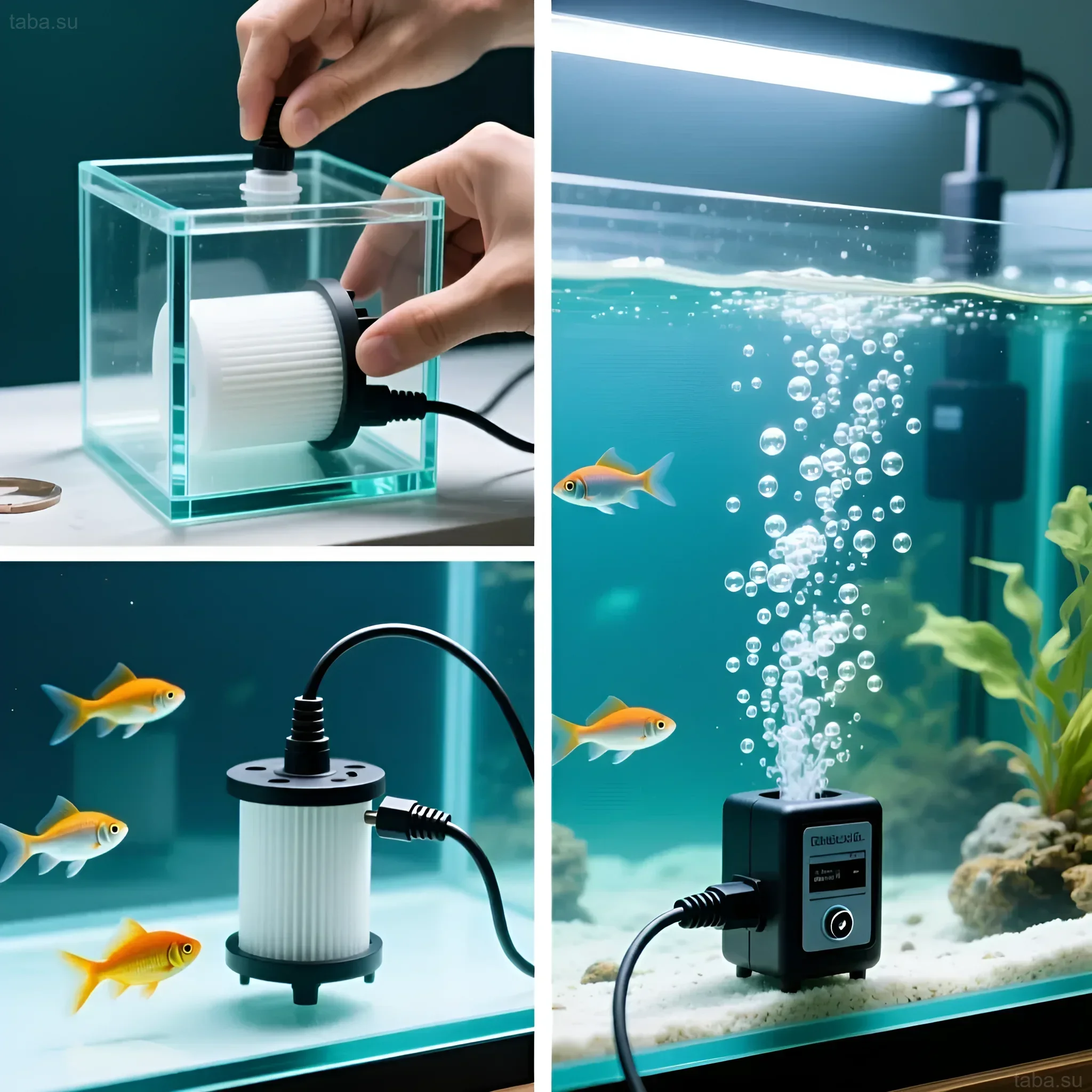 Illustration of an internal 'Canister' filter in an aquarium with goldfish, demonstrating its installation and filtration operation.