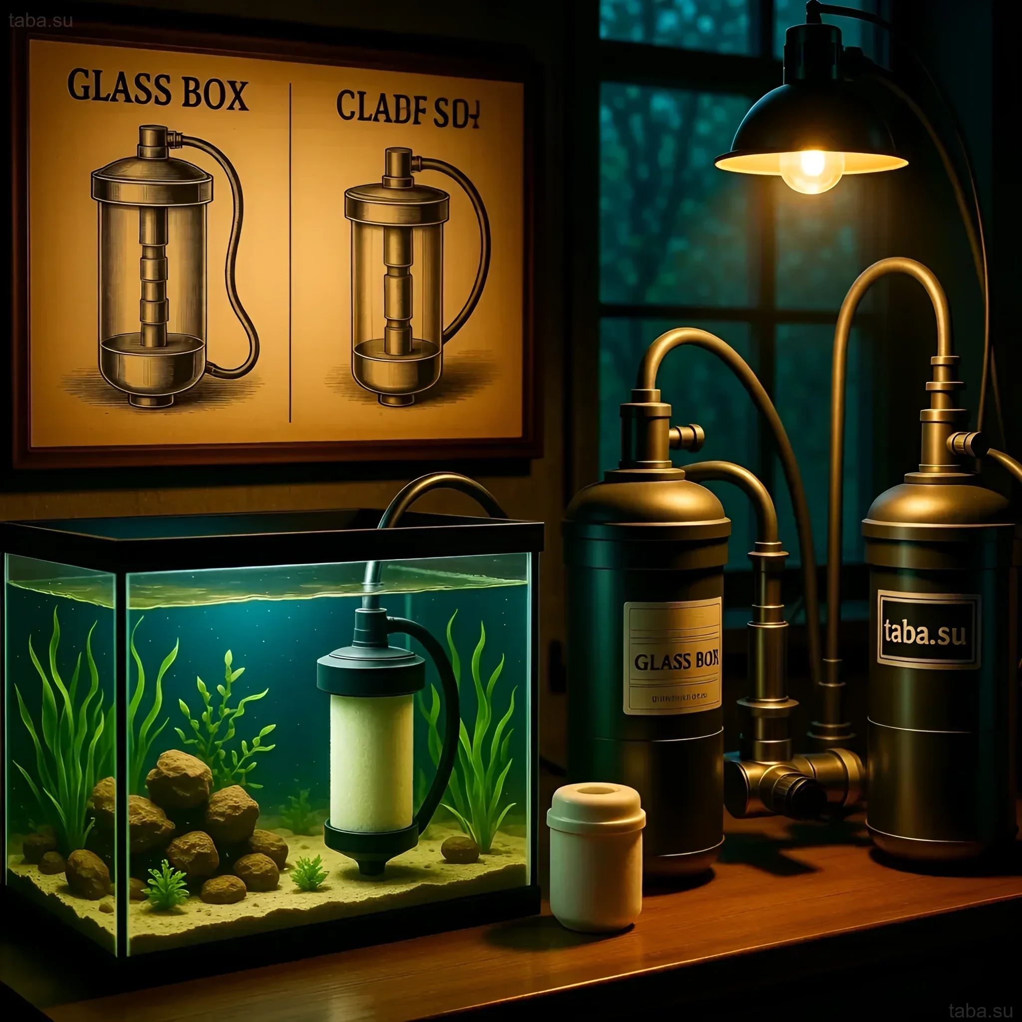Illustration of an internal canister filter for an aquarium, showing its design and placement. Suitable for aquariums up to 80 liters.