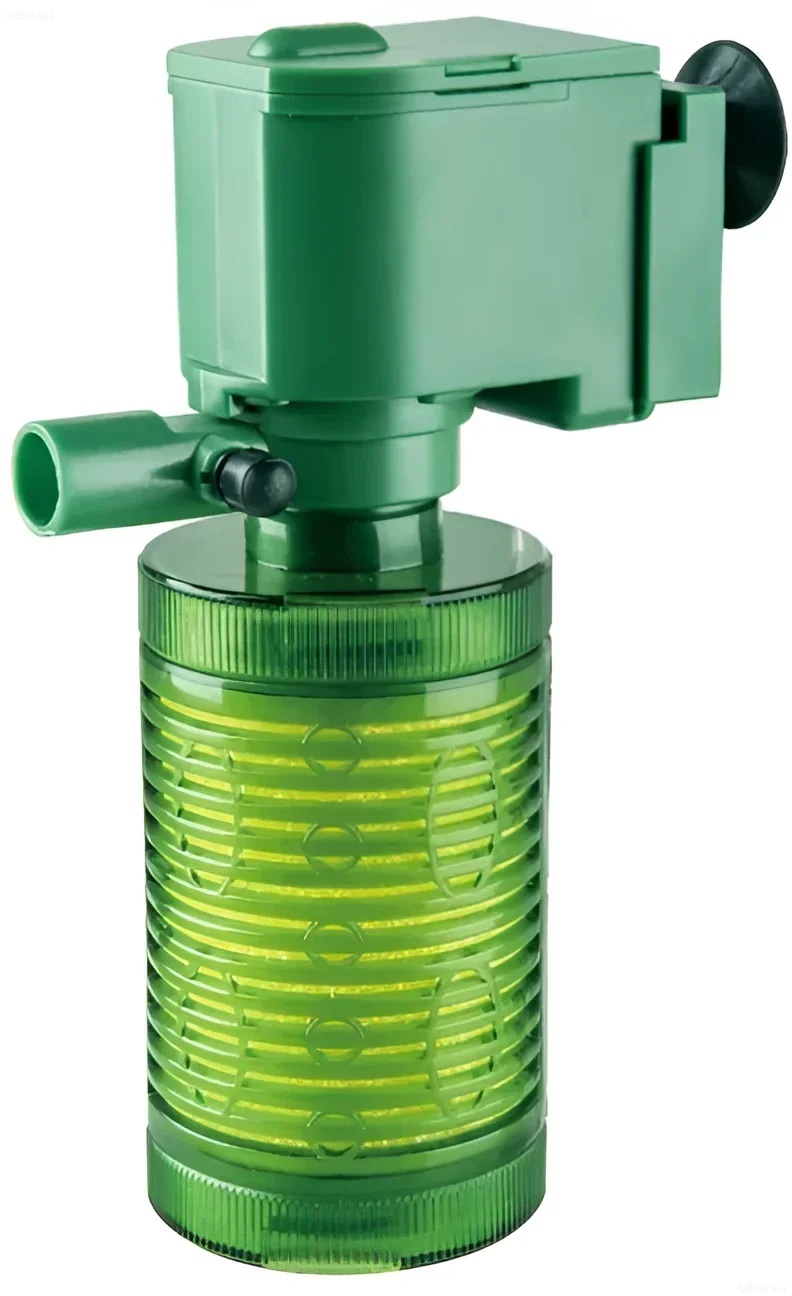 Green internal canister filter for an aquarium, providing mechanical and biological water filtration. Ideal for small volumes.