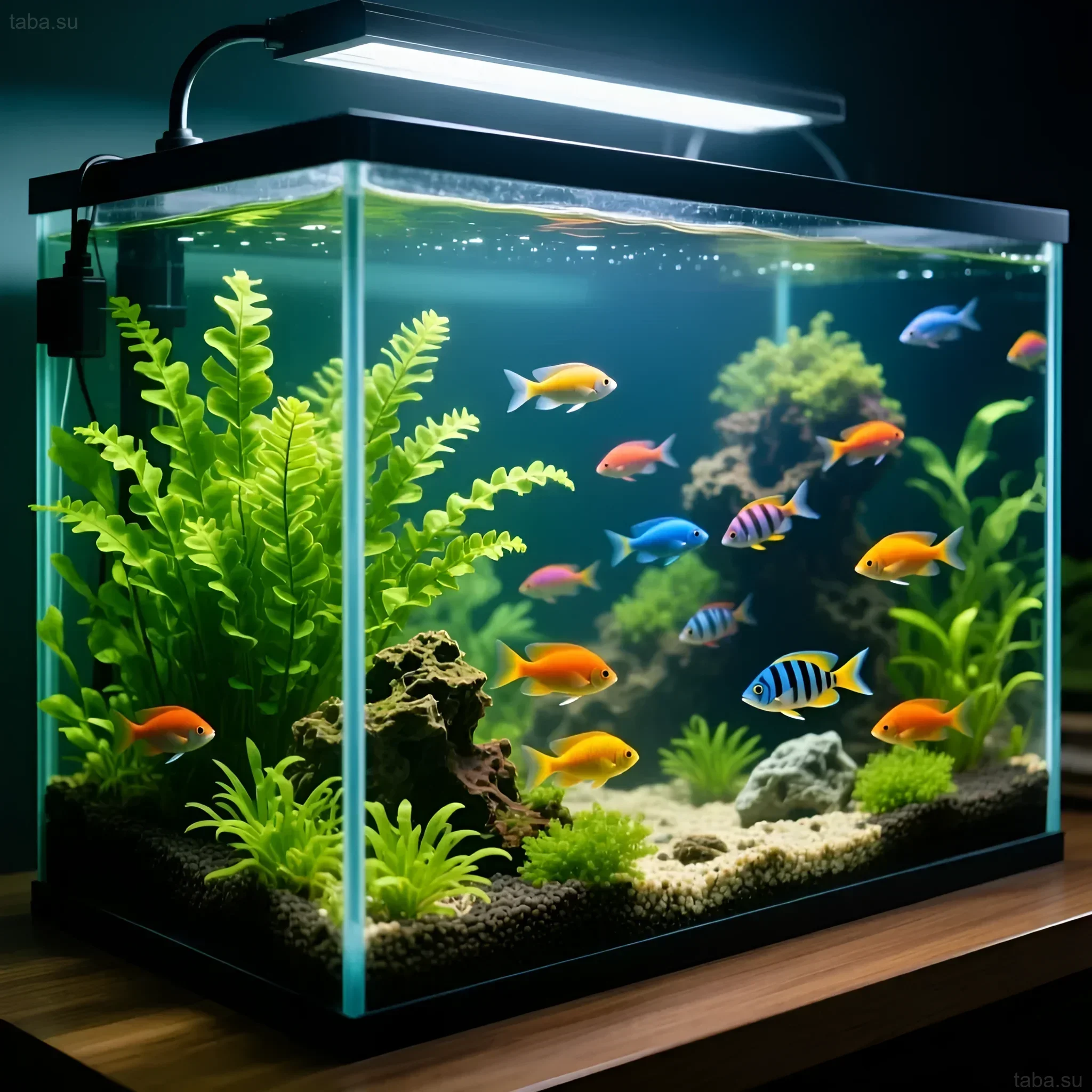 Фотография пресноводного аквариума с обилием растений и стайкой разноцветных рыб. Идеальное решение для создания живого уголка в доме.