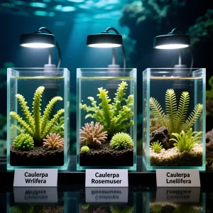 Иллюстрация трех небольших аквариумов с разными видами хетаморфы, демонстрирующая их внешний вид и потенциал для водорослевика.