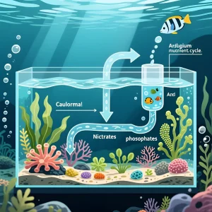 Схема водорослевика для морского аквариума, демонстрирующая цикл поглощения нитратов и фосфатов водорослями и беспозвоночными.