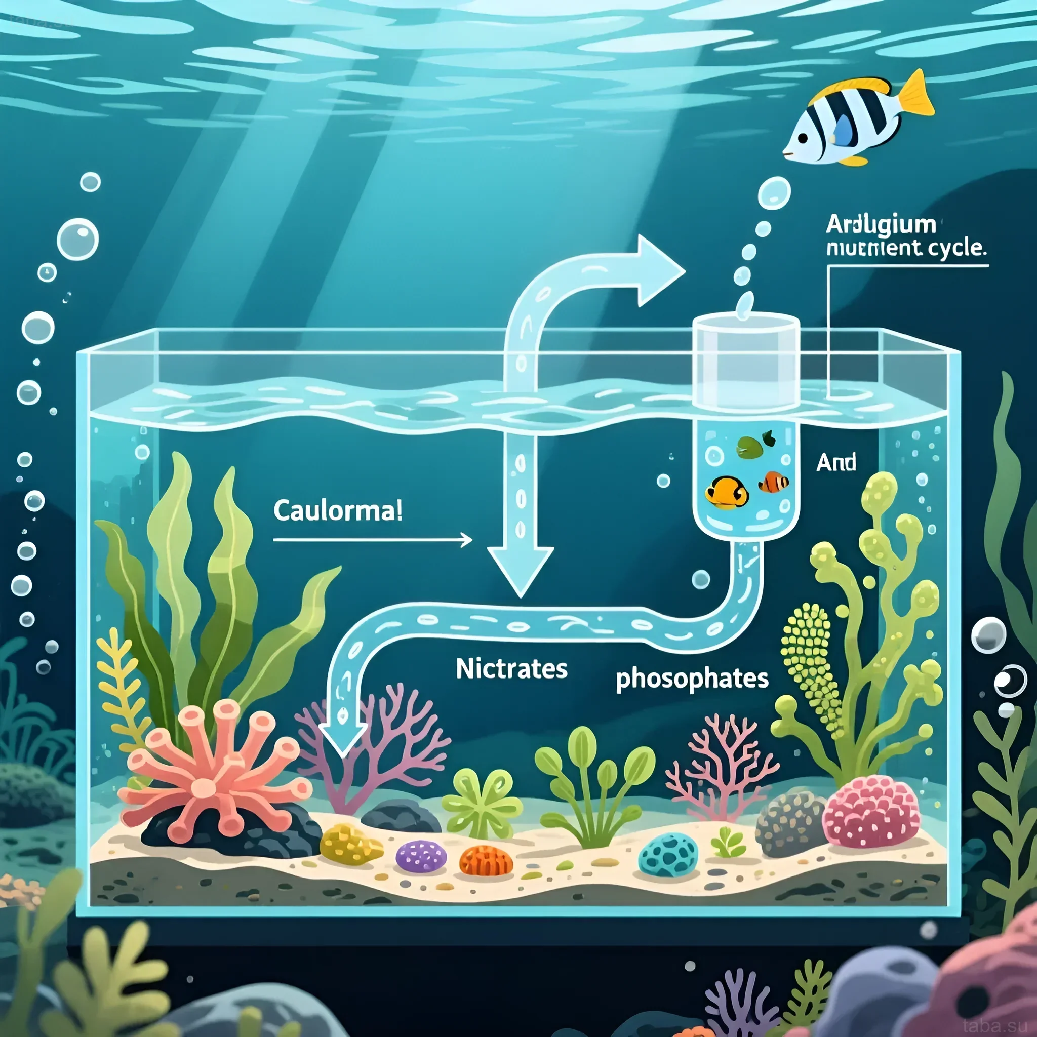Схема водорослевика для морского аквариума, демонстрирующая цикл поглощения нитратов и фосфатов водорослями и беспозвоночными.
