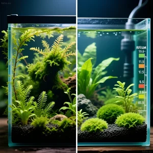 Изображение небольшого аквариума-водорослевика с хетаморфой, предназначенного для биологической фильтрации и снижения уровня нитратов в системе.