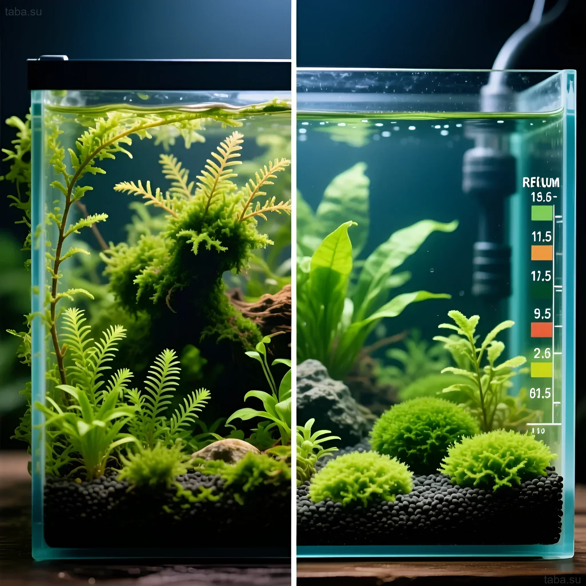 Изображение небольшого аквариума-водорослевика с хетаморфой, предназначенного для биологической фильтрации и снижения уровня нитратов в системе.