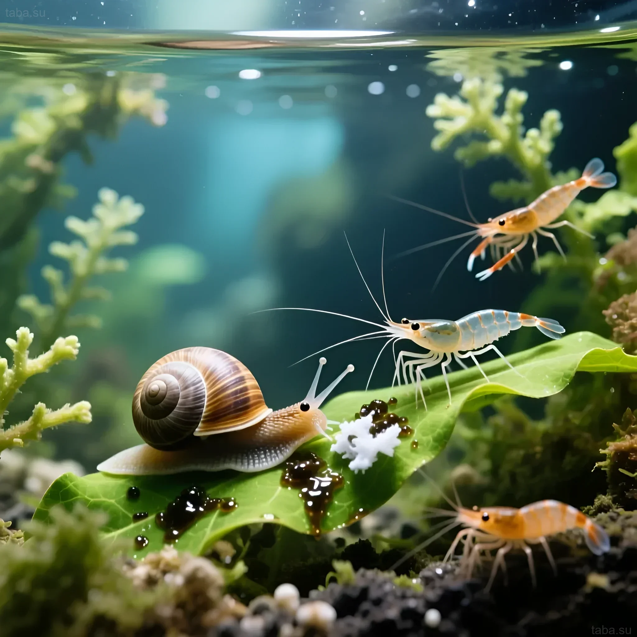 Фотография водорослевика с креветками, улиткой и макроводорослями. Идеальное решение для биологической фильтрации и поддержания чистоты аквариума.