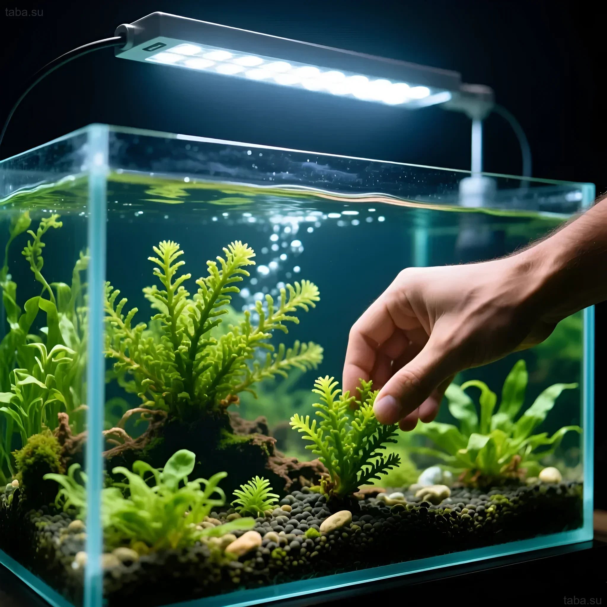 Изображение небольшого аквариума с хетаморфой, используемой как естественный фильтр для снижения нитратов и улучшения качества воды.