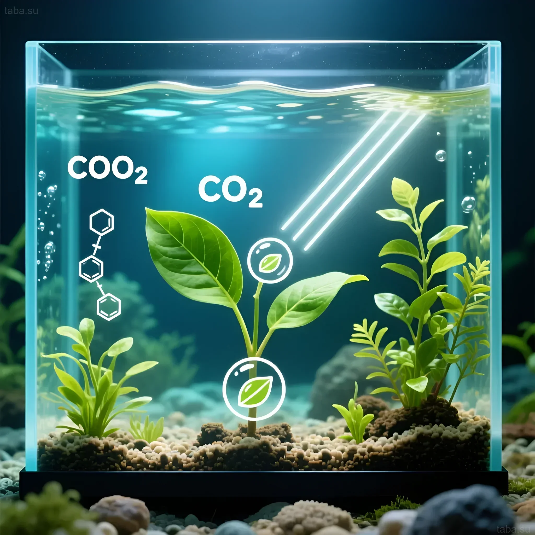 Иллюстрация аквариума с растениями, демонстрирующая процесс фотосинтеза и роль углекислого газа для их роста и здоровья.