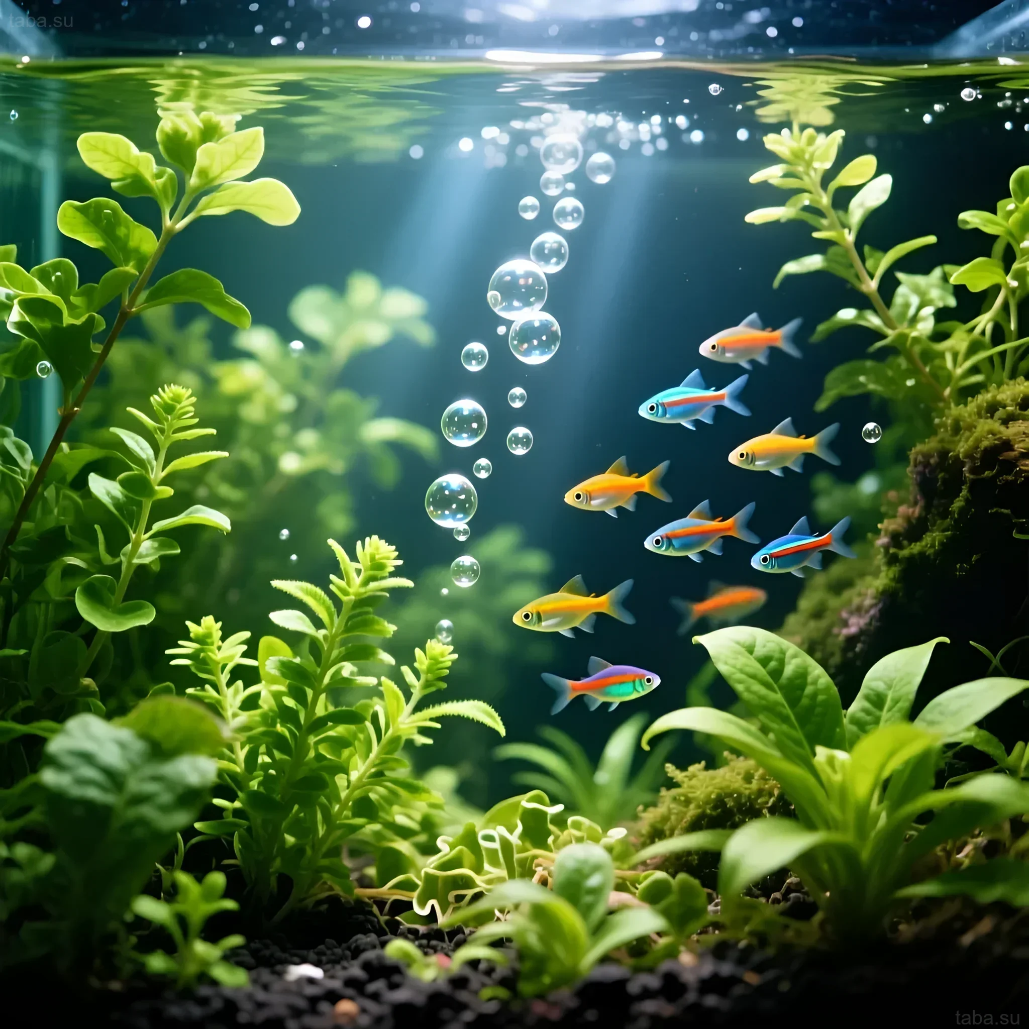 Яркий аквариум с густой растительностью и стайкой неоновых тетр, демонстрирующий важность CO2 для здорового роста растений.