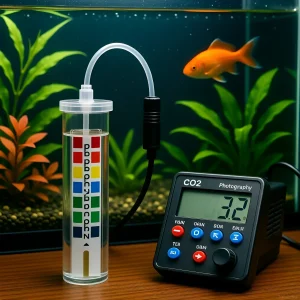 Иллюстрация аквариума с золотой рыбкой и системой подачи CO2, демонстрирующая важность углерода для роста растений.