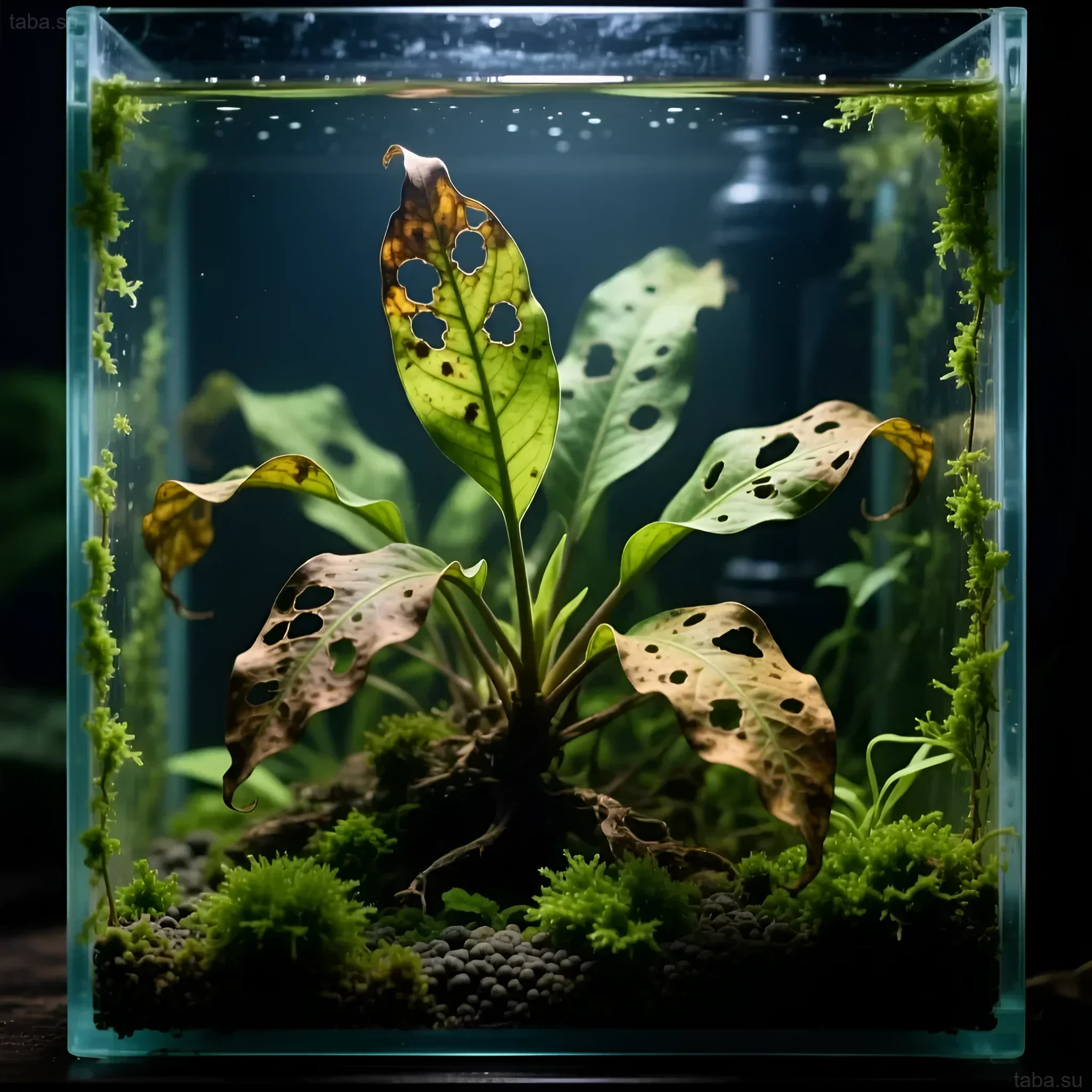 Фотография аквариума с растениями, демонстрирующими признаки дефицита CO2: дырявые листья, пожелтение и замедленный рост. Иллюстрация для статьи об углероде.