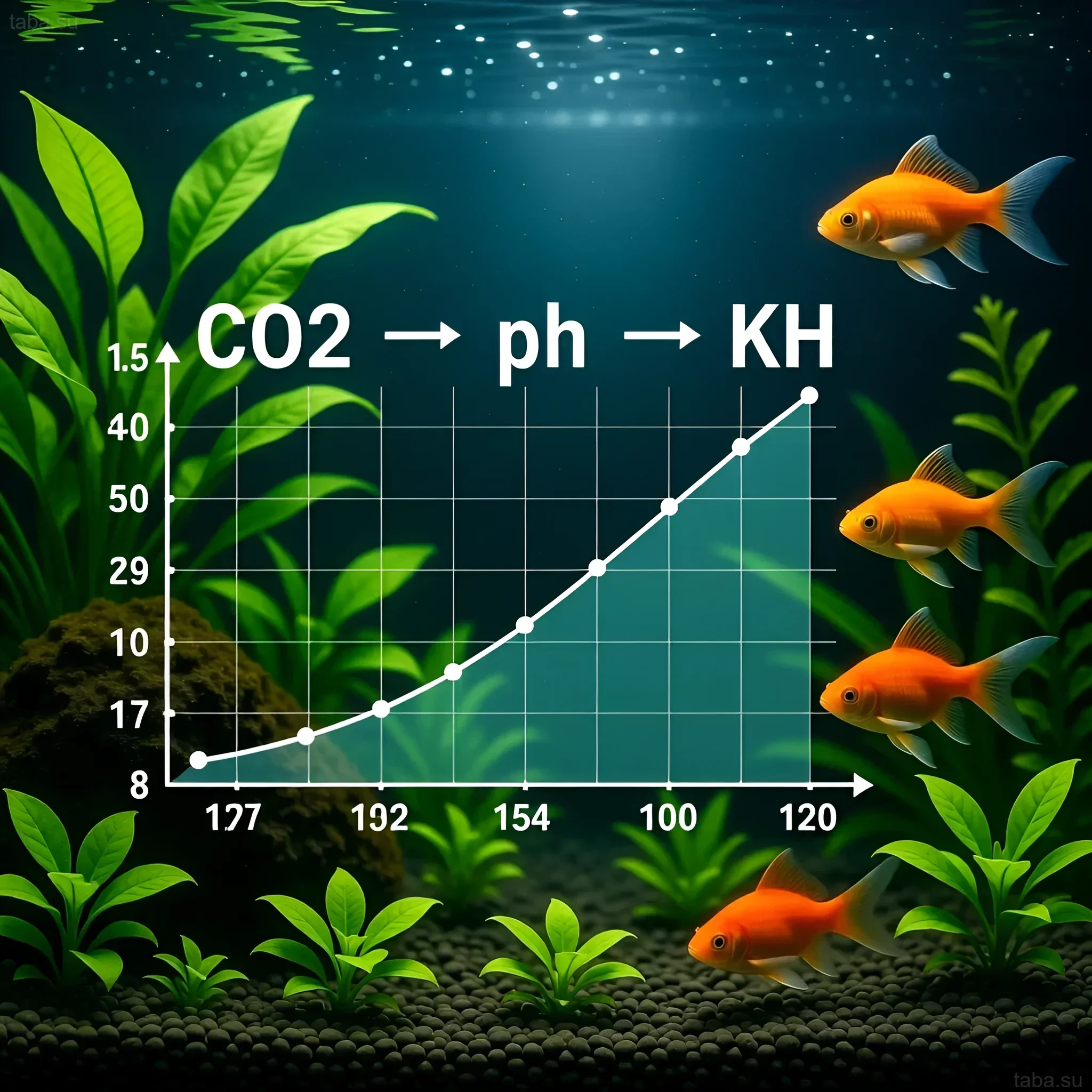 Иллюстрация демонстрирует зависимость между уровнем CO2, pH и карбонатной жесткостью (KH) в аквариуме с золотыми рыбками и растениями.