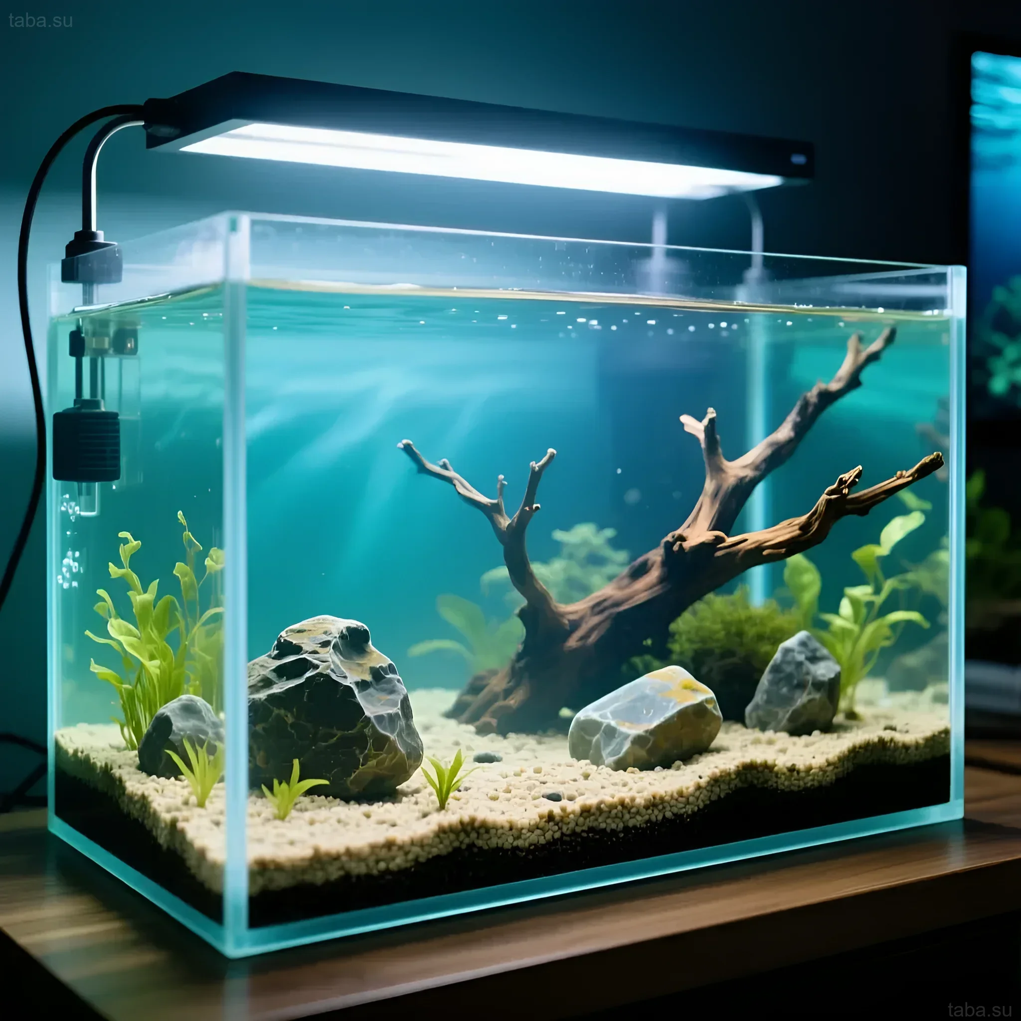 Свежезапущенный аквариум с корягой, камнями и небольшим количеством растений. Идеально для начинающих аквариумистов, стремящихся к простоте.