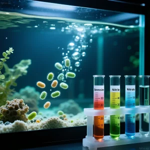 Иллюстрация запуска азотного цикла в морском аквариуме с пробирками, демонстрирующими уровни аммиака, нитритов и нитратов.