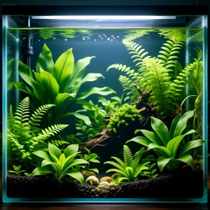 Красивый аквариум, засаженный разнообразными зелеными растениями, создает естественную и здоровую среду для будущих обитателей. Идеальный баланс флоры.