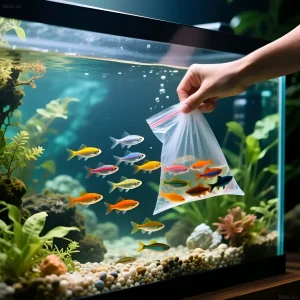 Фотография процесса запуска аквариума: выпуск неонов в воду из пакета. Иллюстрация адаптации рыб к новой среде обитания.