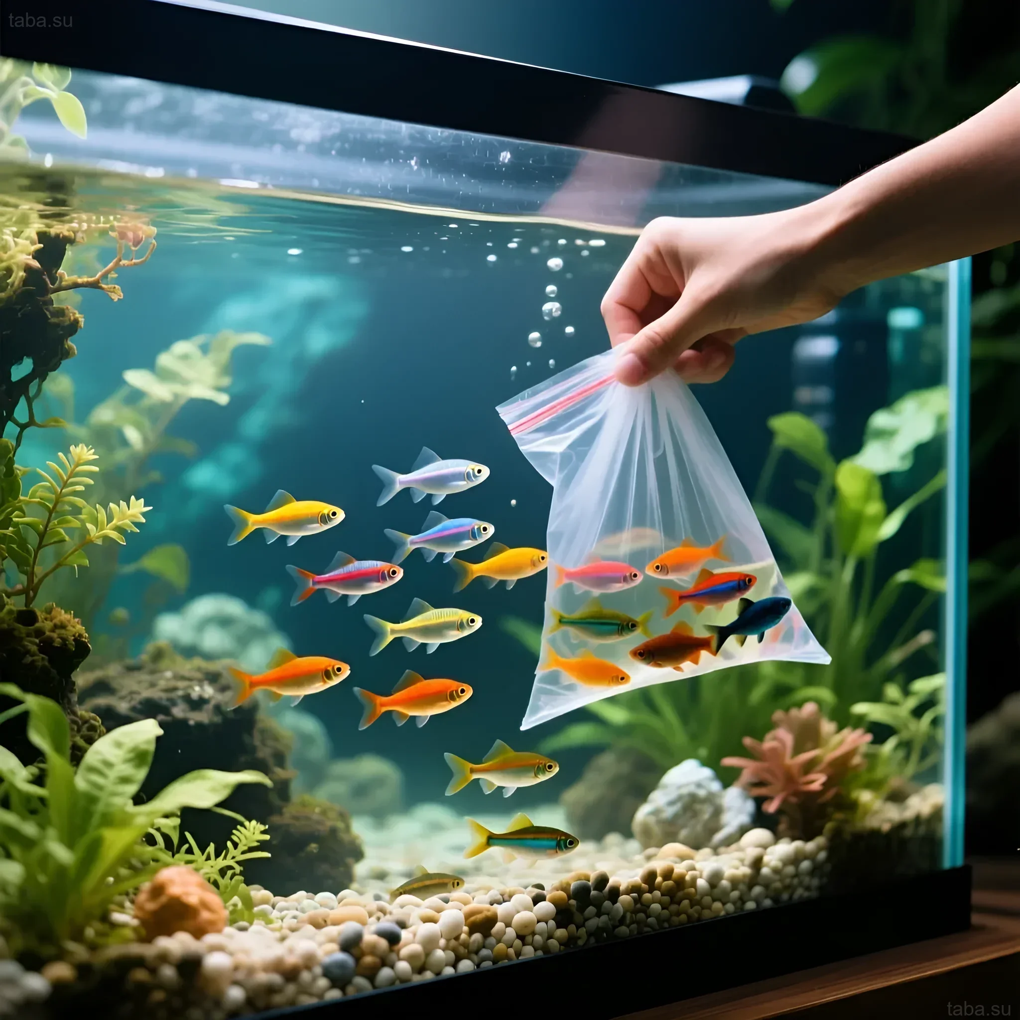 एक्वेरियम शुरू करने की प्रक्रिया की तस्वीर: पानी में नीयन मछलियों को एक बैग से छोड़ना। नई वातावरण में मछलियों के अनुकूलन का चित्रण।