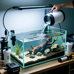 Фотография процесса запуска нового аквариума: заливка чистой воды в подготовленный резервуар с грунтом и декорациями. Основы аквариумного азотного цикла.