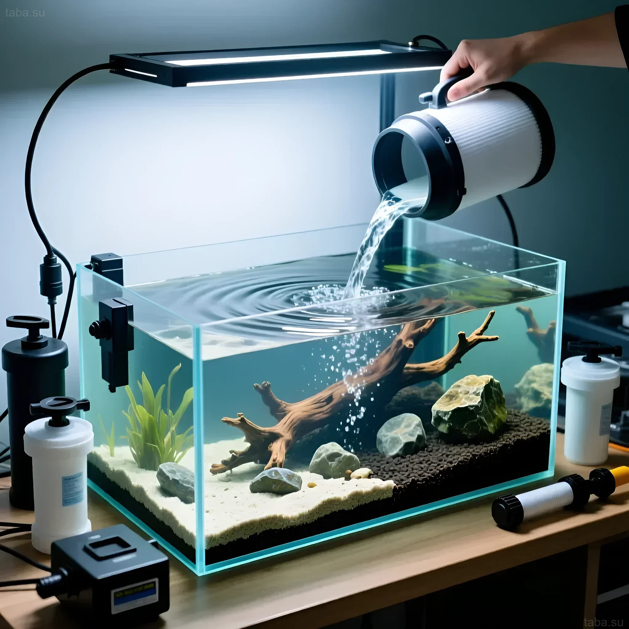 एक नए एक्वेरियम को शुरू करने की प्रक्रिया की तस्वीर: मिट्टी और सजावट के साथ तैयार टैंक में साफ पानी डालना। एक्वेरियम नाइट्रोजन चक्र की मूल बातें।