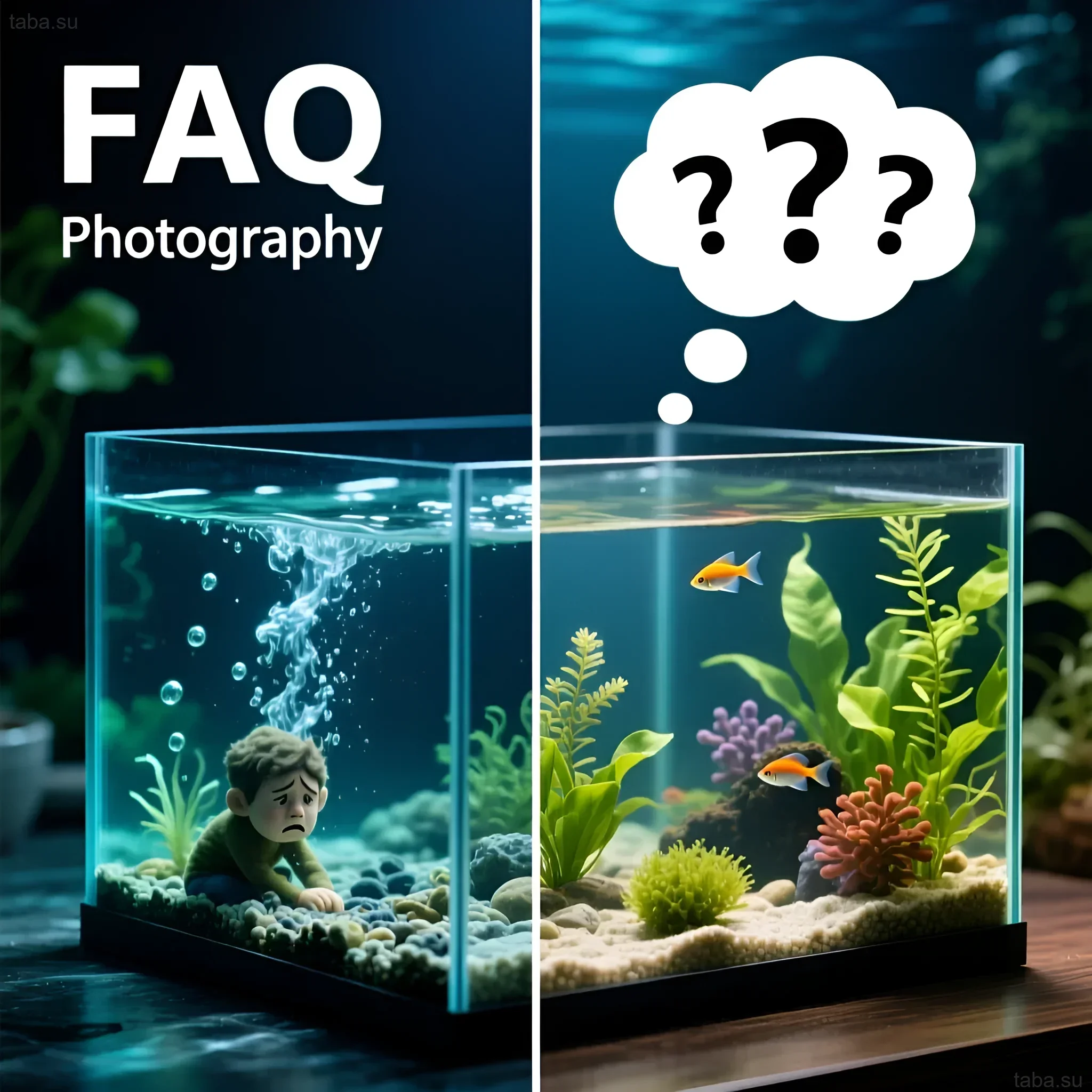 एक्वेरियम शुरू करने के चरणों का चित्रण: एक खाली कंटेनर से जिसमें खुरदरी सजावट है, पौधों और मछलियों के साथ एक पूर्ण जलीय वातावरण तक।