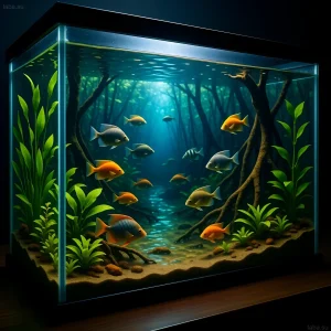 Фотография аквариума с яркими тетрами и корягами, имитирующими затопленный лес. Идеально для начинающих аквариумистов.