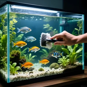 Фотография ухоженного аквариума с яркими рыбами и густой растительностью. Демонстрация чистки стенок аквариума специальной щеткой.