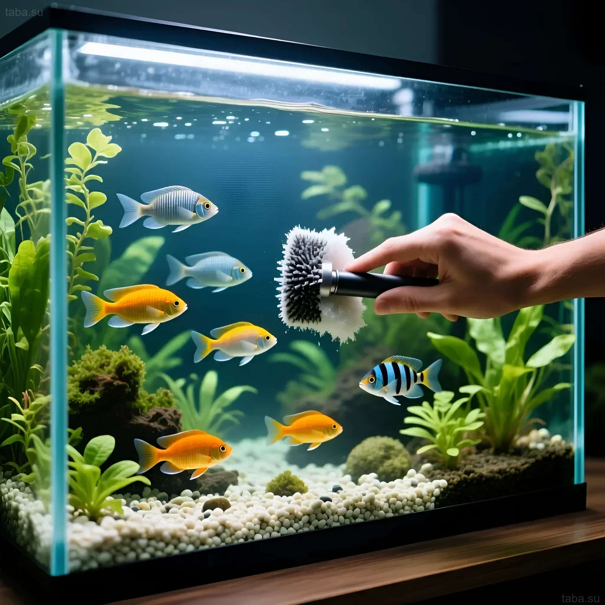 चमकीली मछलियों और घने पौधों वाले एक सुव्यवस्थित एक्वेरियम की तस्वीर। एक्वेरियम की दीवारों को एक विशेष ब्रश से साफ करने का प्रदर्शन।
