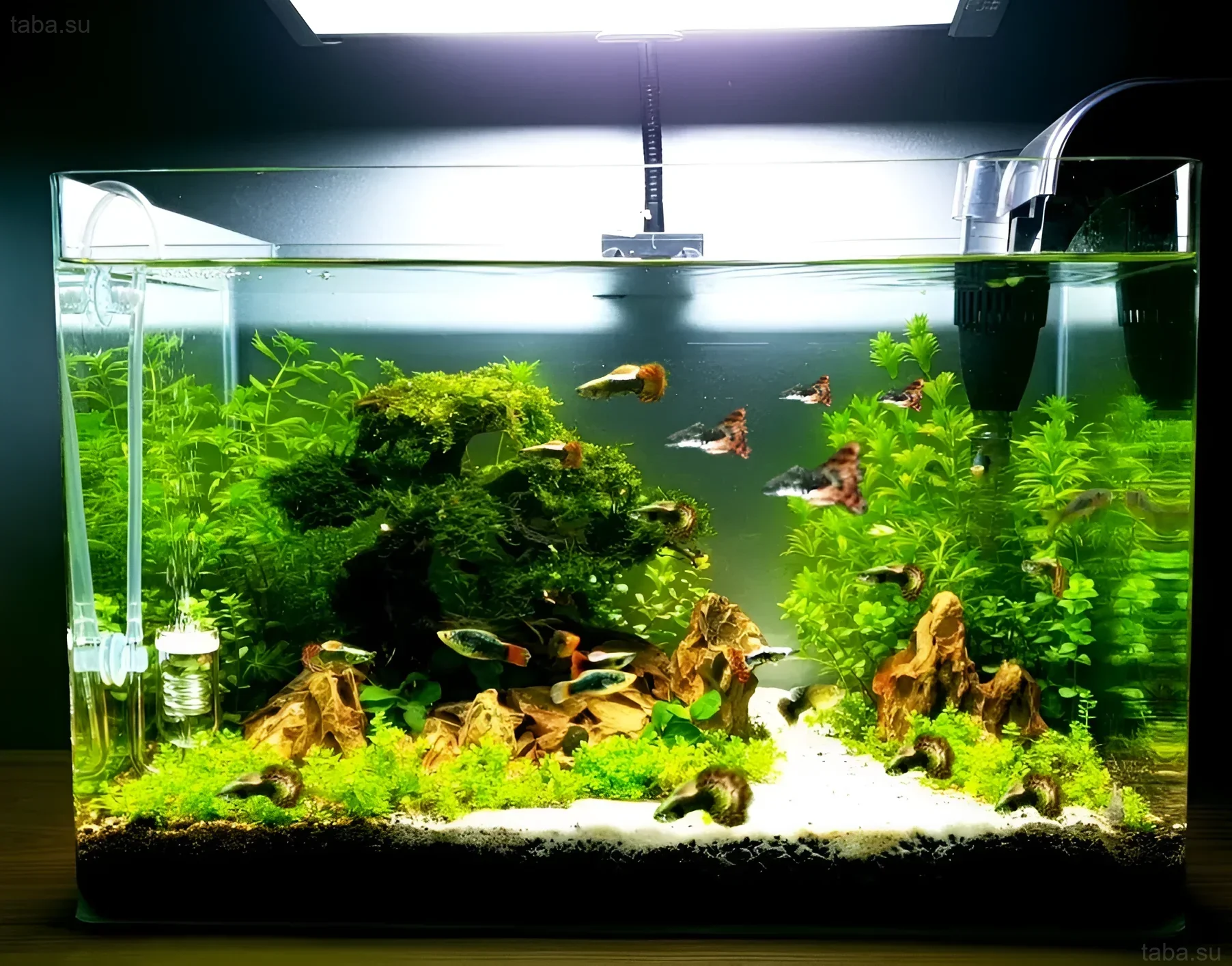 नीयन टेट्रा और कोरिडोरस के साथ एक सुंदर एक्वेरियम, जिसमें जीवित पौधे और ड्रिफ्टवुड से सजाया गया है। एक परिपक्व एक्वेरियम का आदर्श उदाहरण।