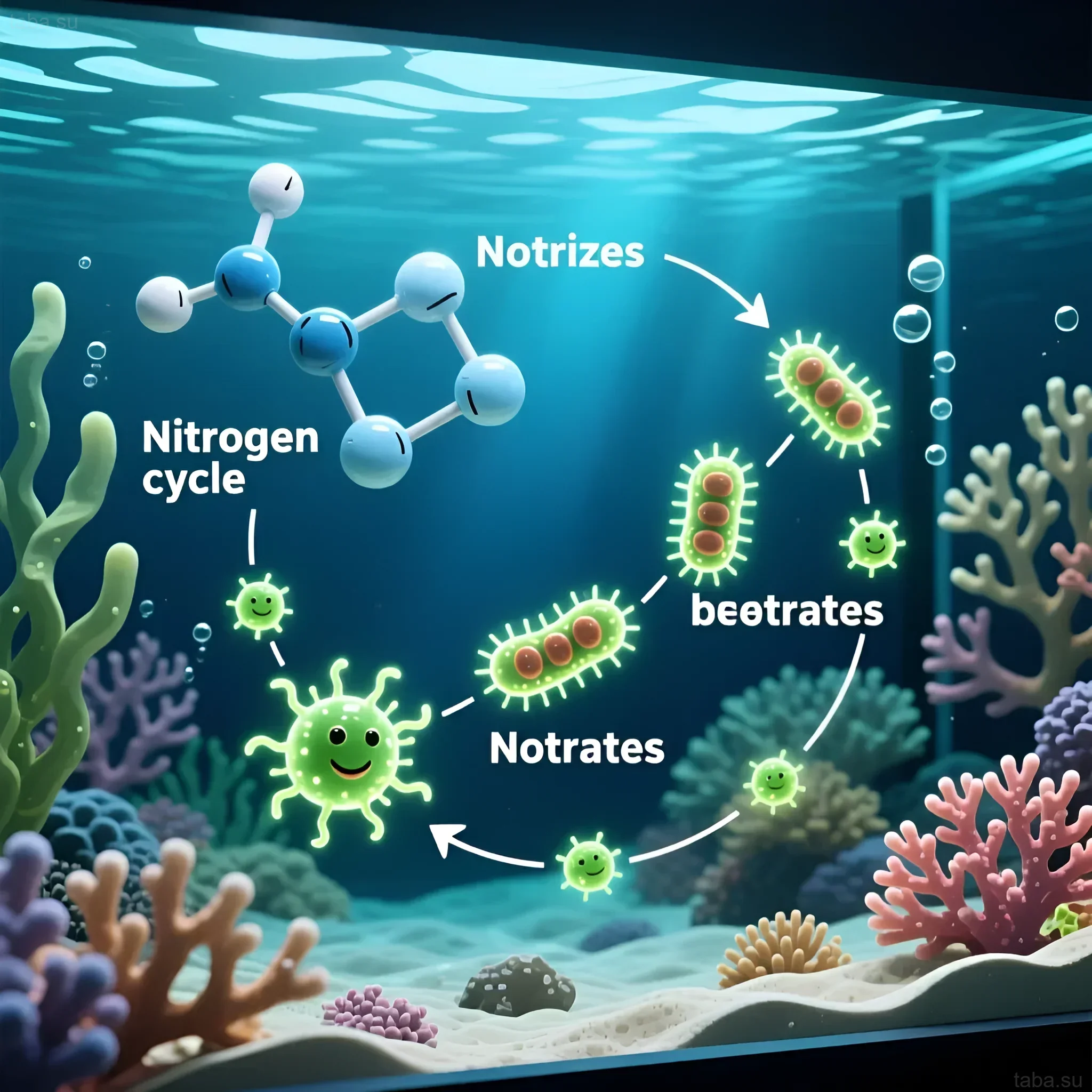 Schematic representation of the nitrogen cycle in a saltwater aquarium with bacteria converting waste into safe compounds. Visualization for beginner aquarists.