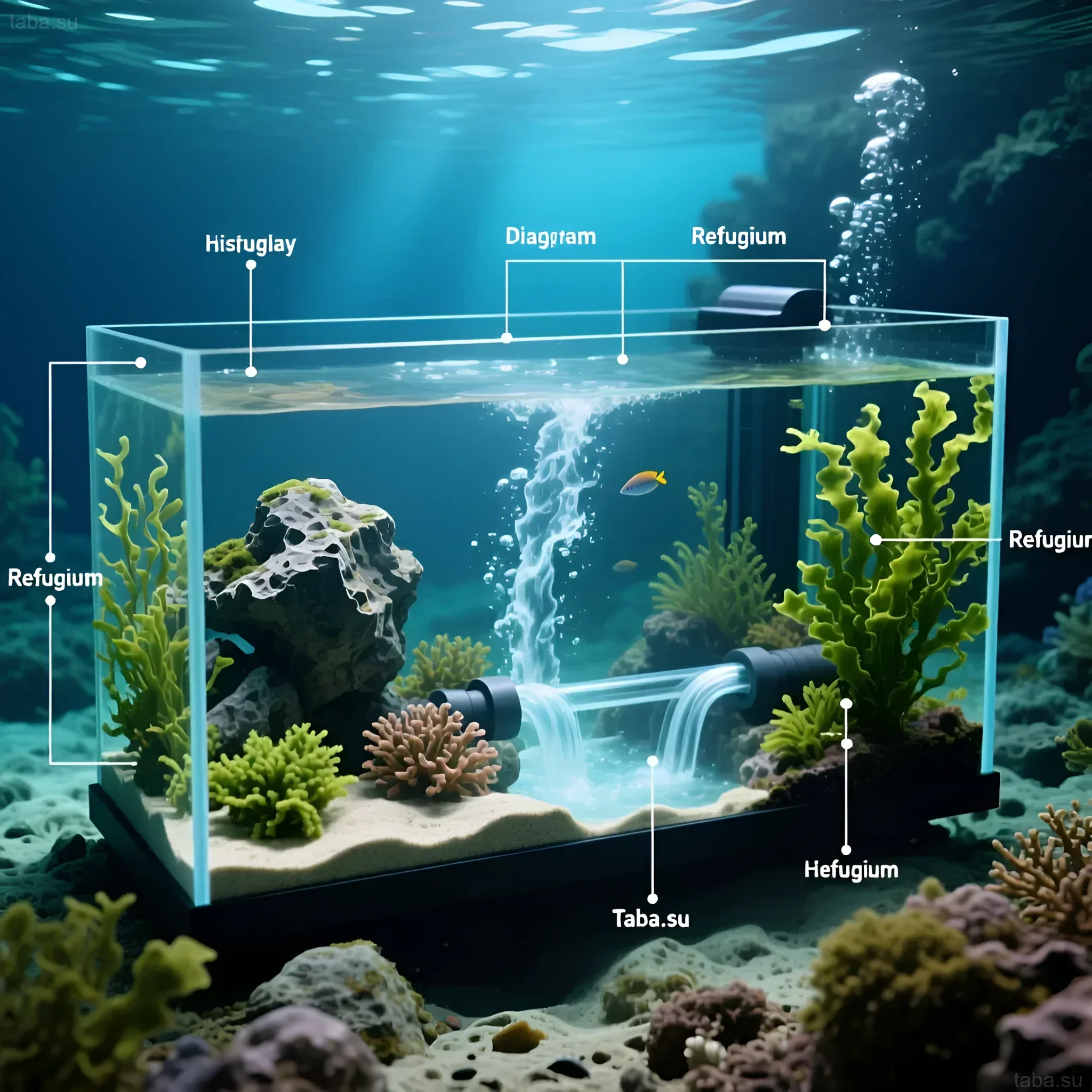 Illustration of a saltwater aquarium with an integrated refugium, demonstrating effective biological filtration and maintenance of a stable ecosystem.