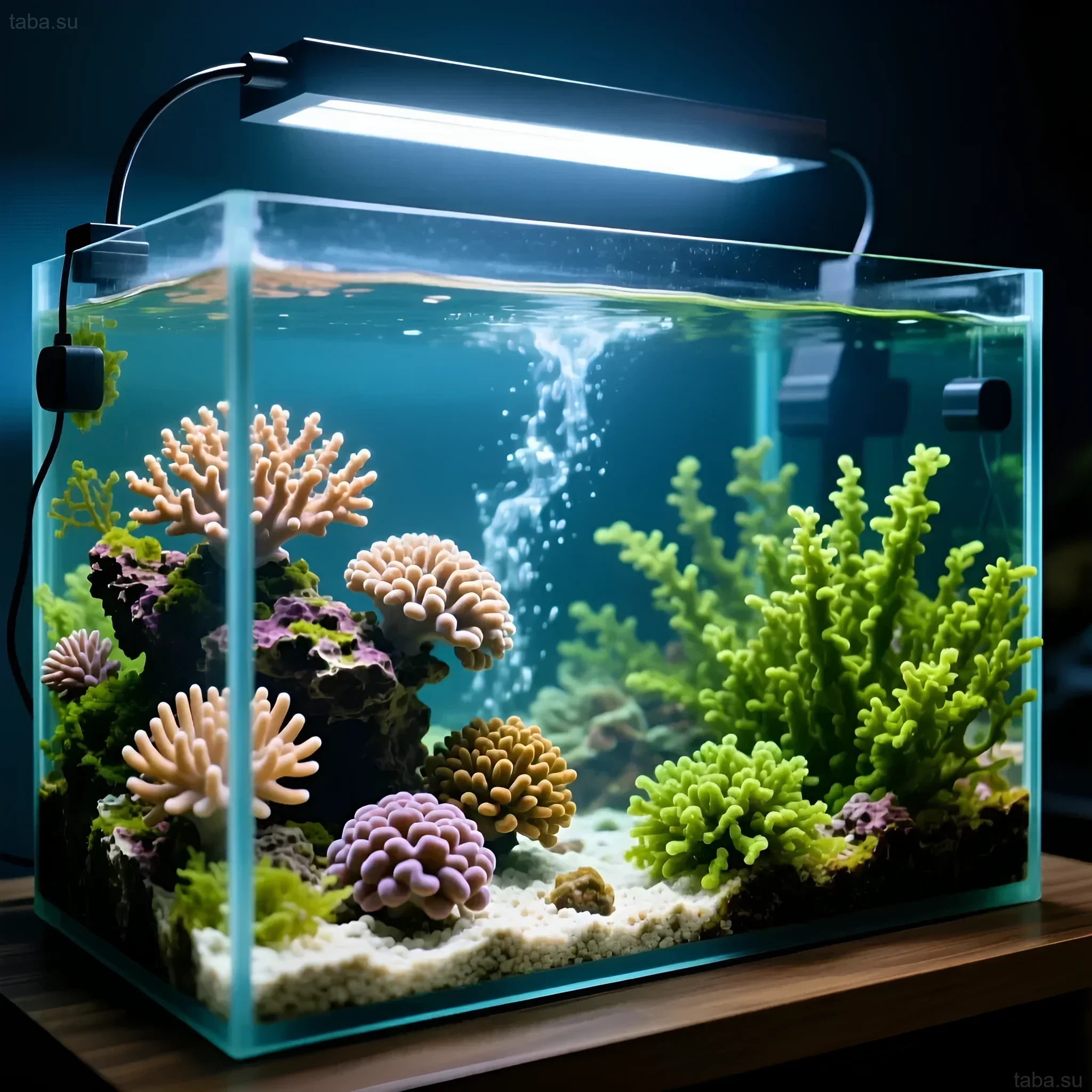 Фотография небольшого морского аквариума с яркими кораллами и активным азотным циклом. Идеально для начинающих морских аквариумистов.