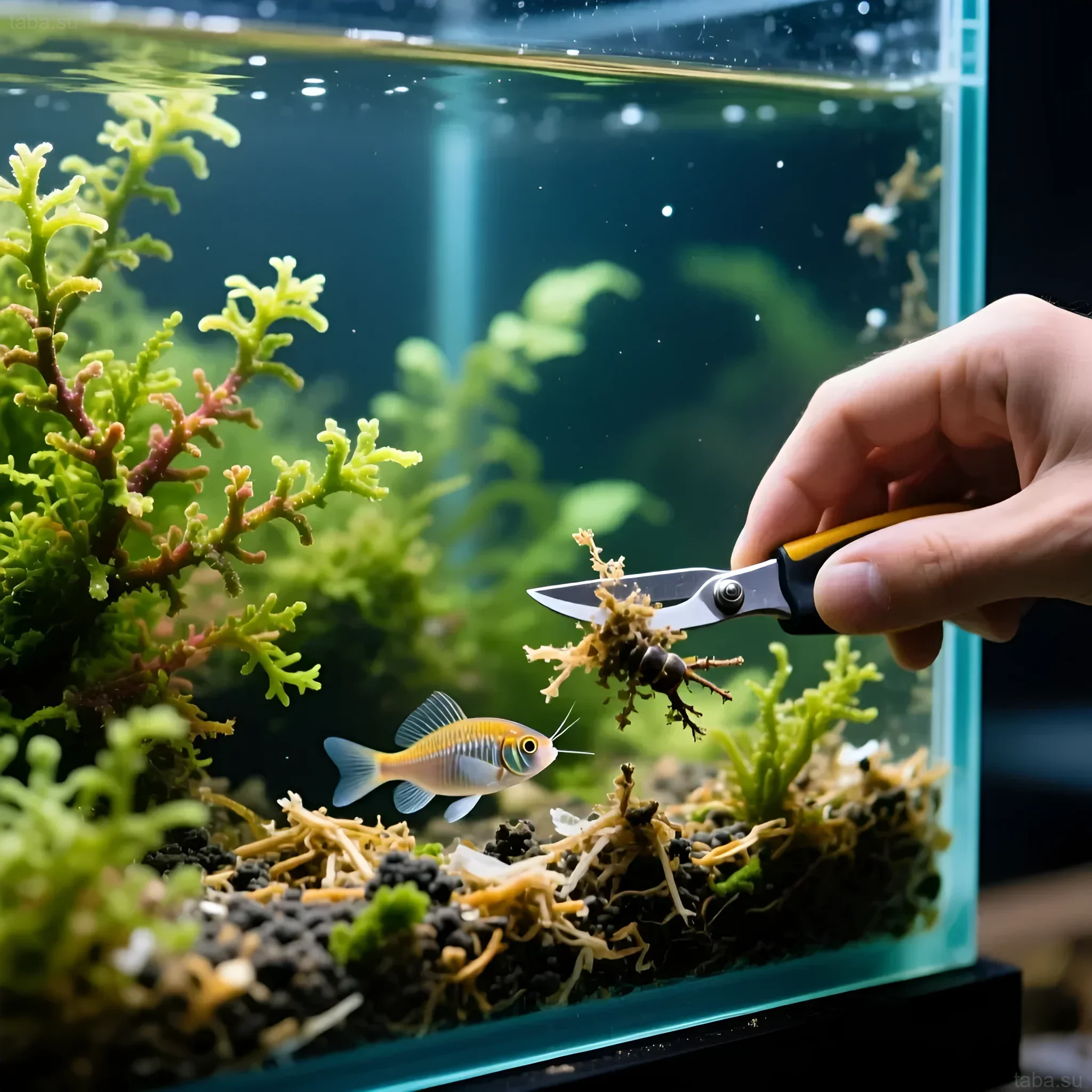 Photo of a saltwater aquarium with live rock and a surgeonfish. Algae trimming, CRR maintenance, nitrogen cycle.