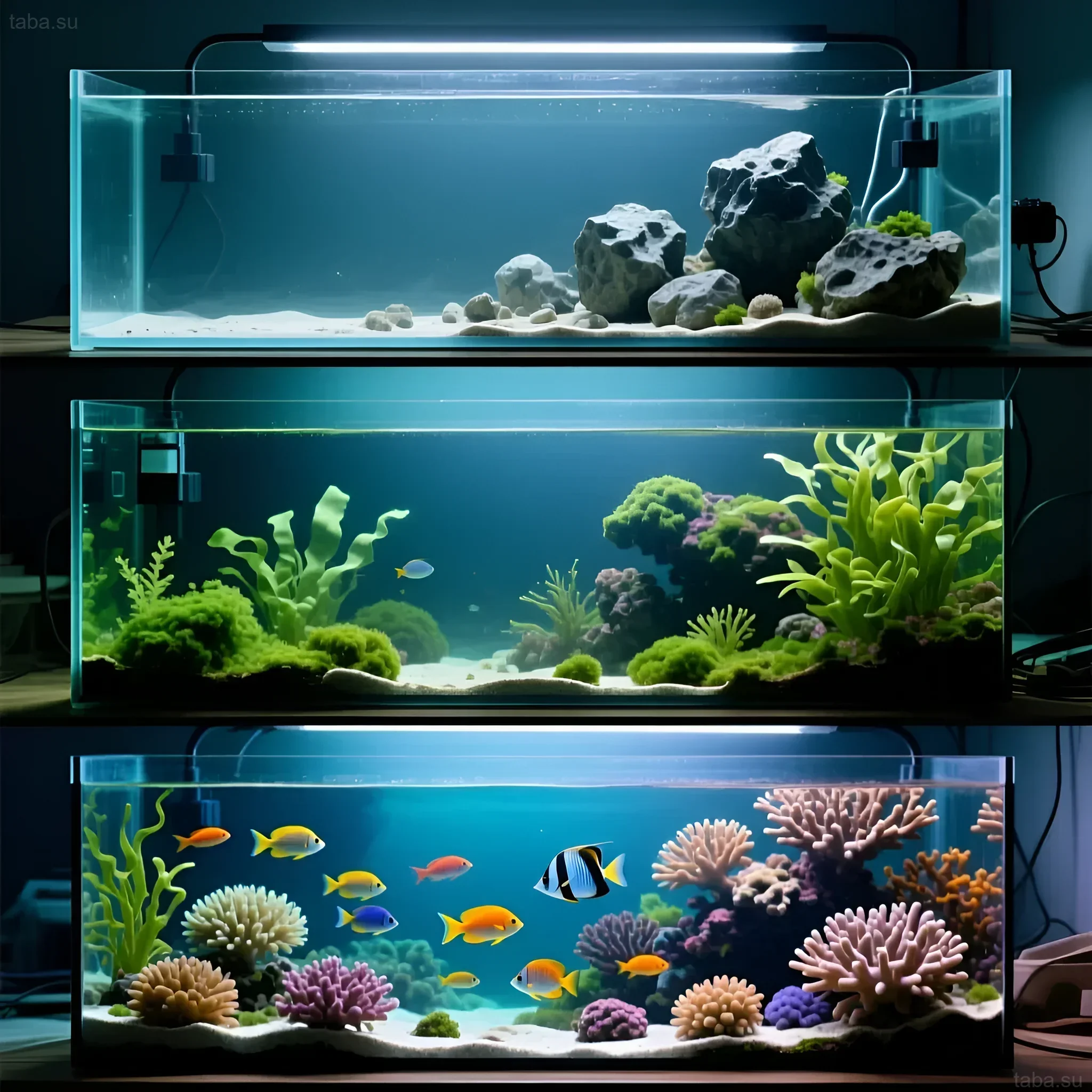 Photos show the stages of starting a saltwater aquarium with live rock, from initial filling to stocking with colorful fish and corals.