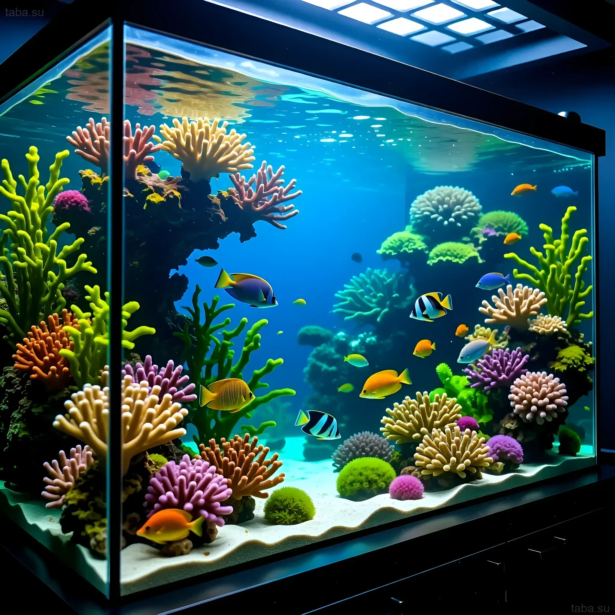 Photo of a mature saltwater aquarium with coral reefs and various tropical fish. An ideal example of a successful CRR aquarium startup.