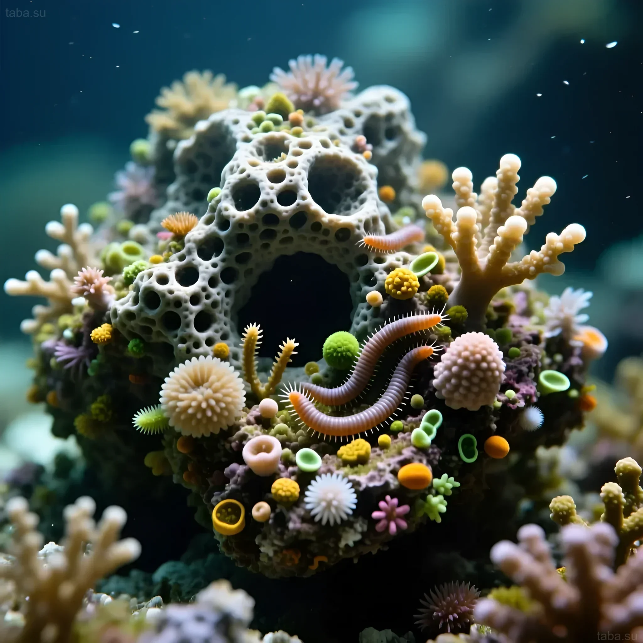 Foto eines Meerwasseraquariums mit lebenden Steinen, das die Vielfalt von Wirbellosen und Korallen, Polychaetenkolonien und die poröse Struktur des Steins zeigt.
