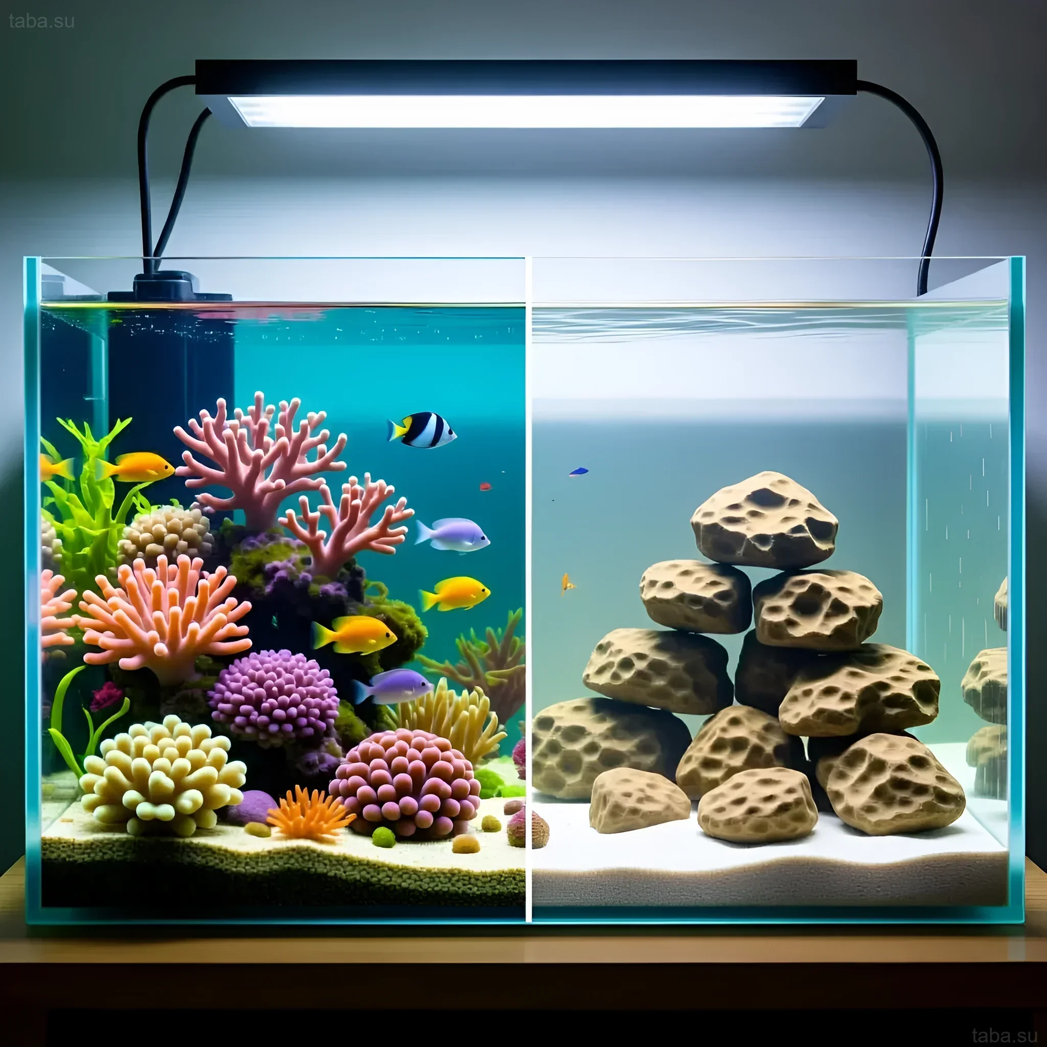 Изображение демонстрирует контраст между зрелым рифовым аквариумом с живыми камнями и новым аквариумом с сухим рифовым камнем, иллюстрируя разницу в биоразнообразии.